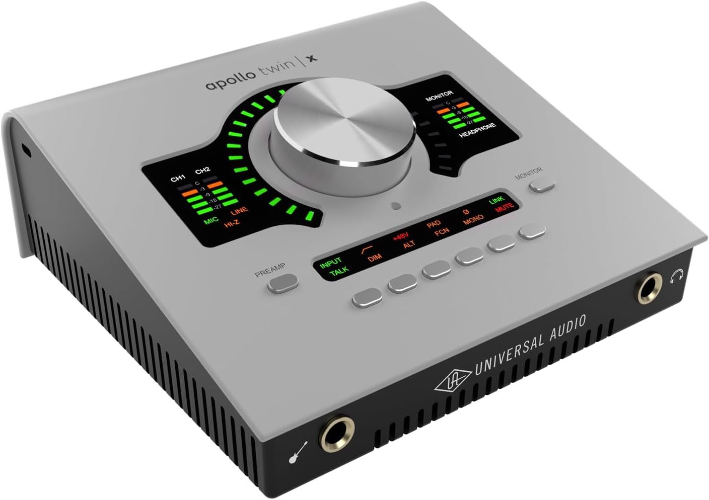 This image showcases the audio interface's control panel layout, highlighting the volume knob, LED level meters, input selection buttons, and connectivity ports to help shoppers understand the…