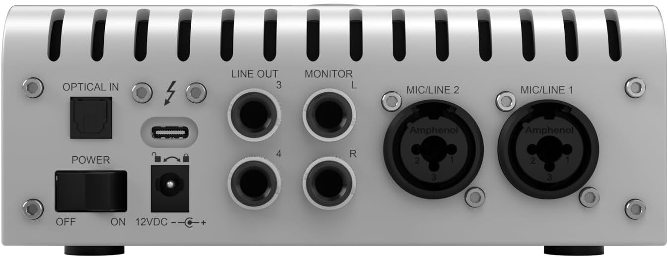 This image shows the detailed anatomy of an audio interface, highlighting all the ports, connections, and controls to help shoppers understand the technical specifications and connectivity options…