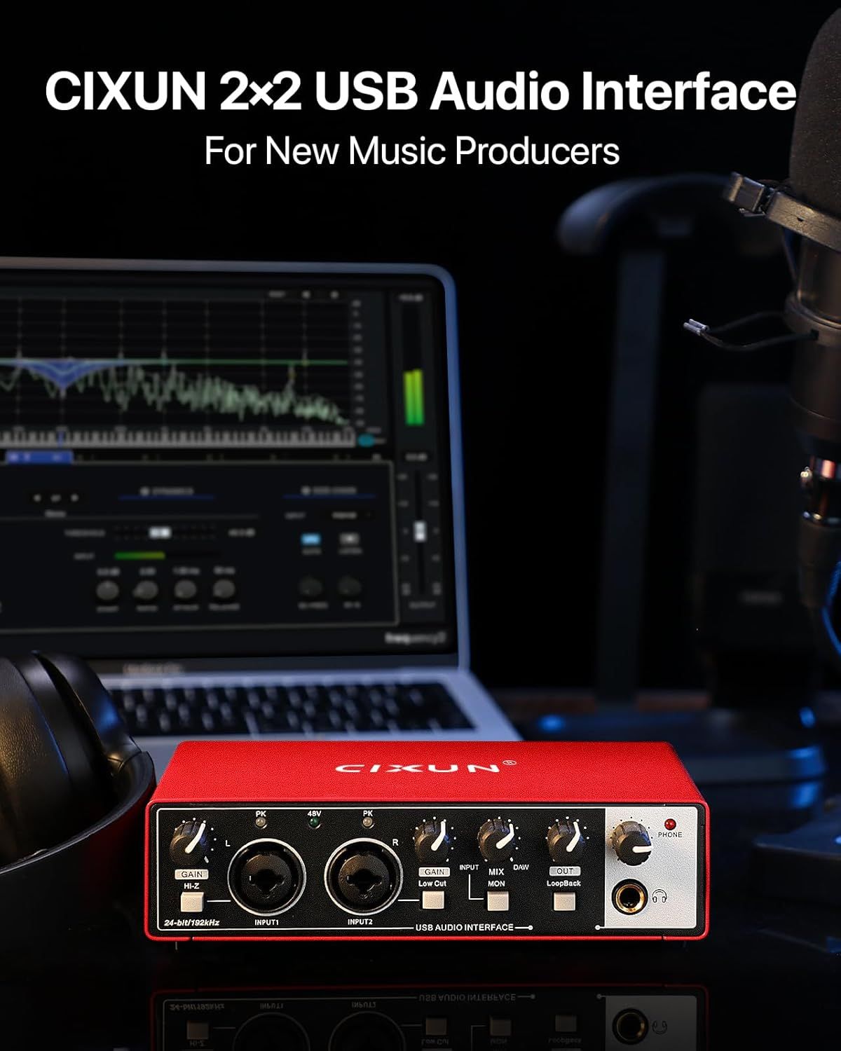 Demonstrates the audio interface in a real music production environment to show new producers how the product fits into their workflow with laptop, headphones, and recording equipment.