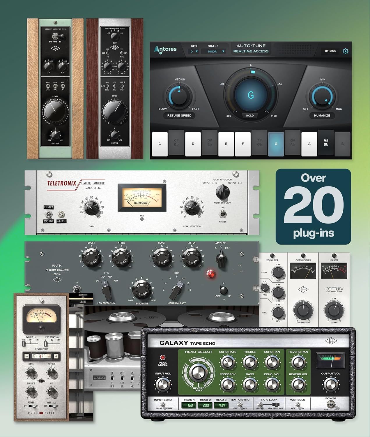 Shows the variety and quantity of audio plug-ins included with the product to demonstrate value and versatility for music production.