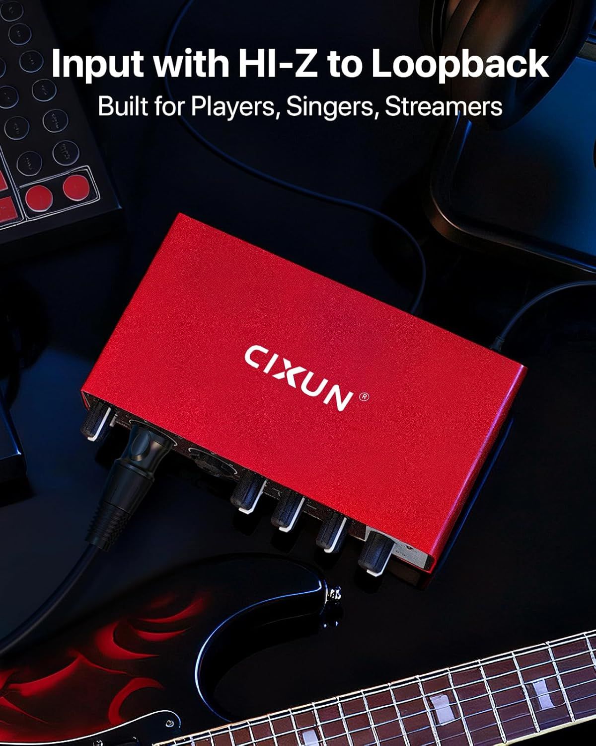Communicates the product's HI-Z to loopback input capability, emphasizing its suitability for players, singers, and streamers who need high-quality audio routing.
