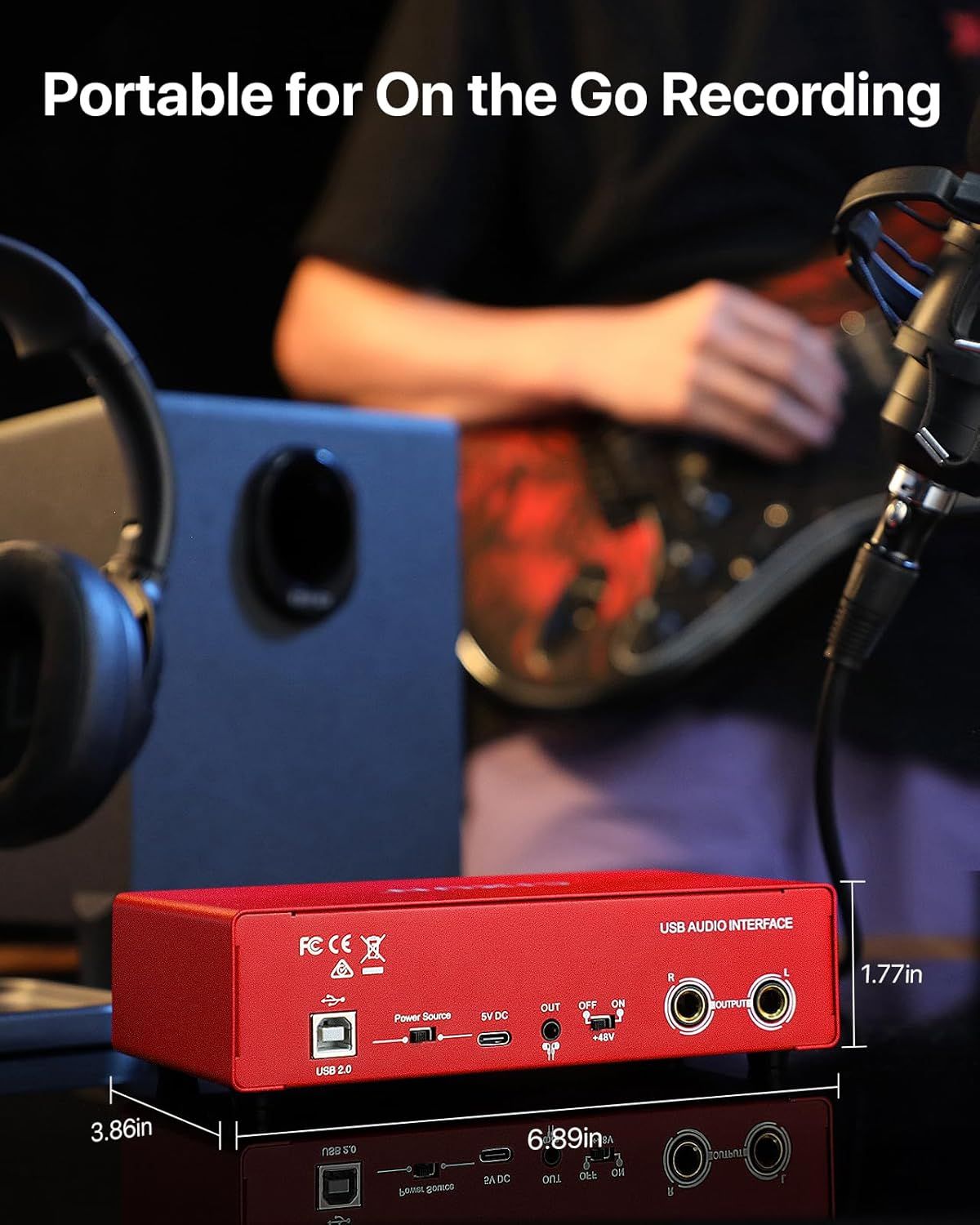 Communicates that the USB audio interface is compact and portable, making it ideal for on-the-go recording in various settings. Shows the exact physical dimensions of the audio interface to help…