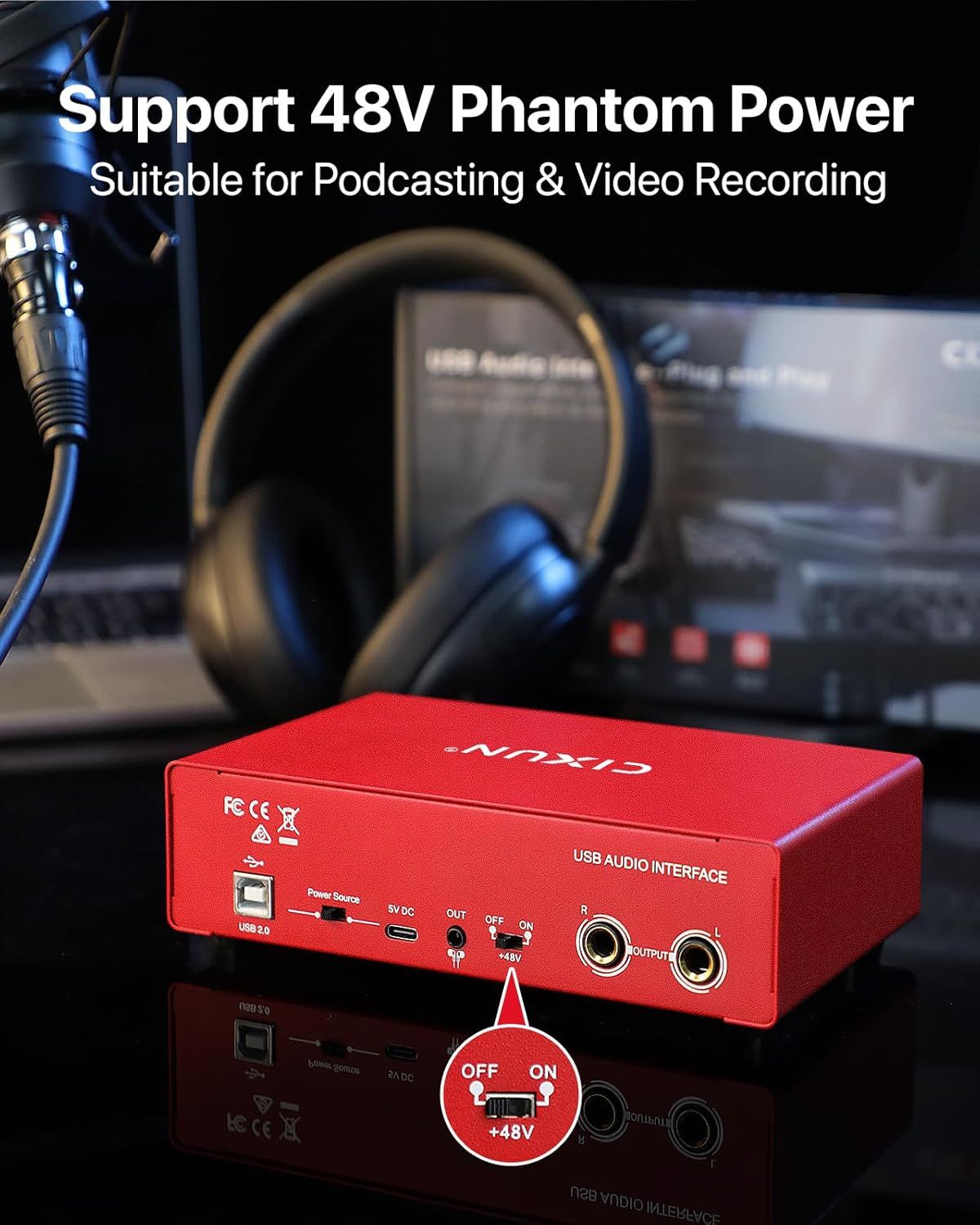 Highlights the 48V phantom power capability to reassure podcasters and video creators that the audio interface can power professional condenser microphones.