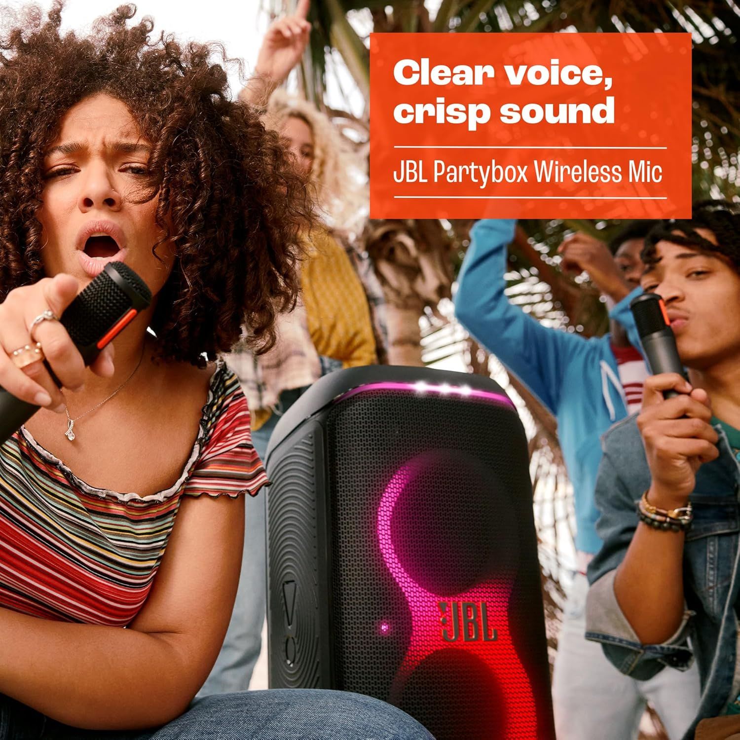 Highlights the audio quality of the JBL Partybox Wireless Mic to reassure shoppers that it delivers clear voice and crisp sound for karaoke or party use.
