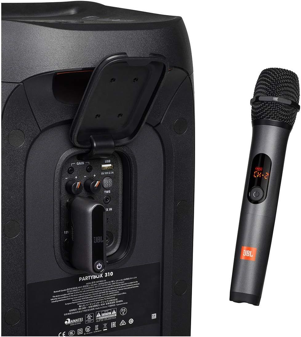 This image highlights the back panel of the speaker, showing the control interface, USB charging port, gain knobs, TWS connectivity, and microphone storage compartment to help shoppers understand…