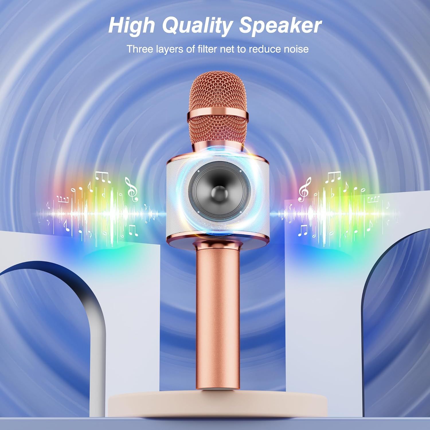 Communicates the premium audio quality of the karaoke microphone by highlighting its three-layer filter net technology that reduces noise for clearer sound.