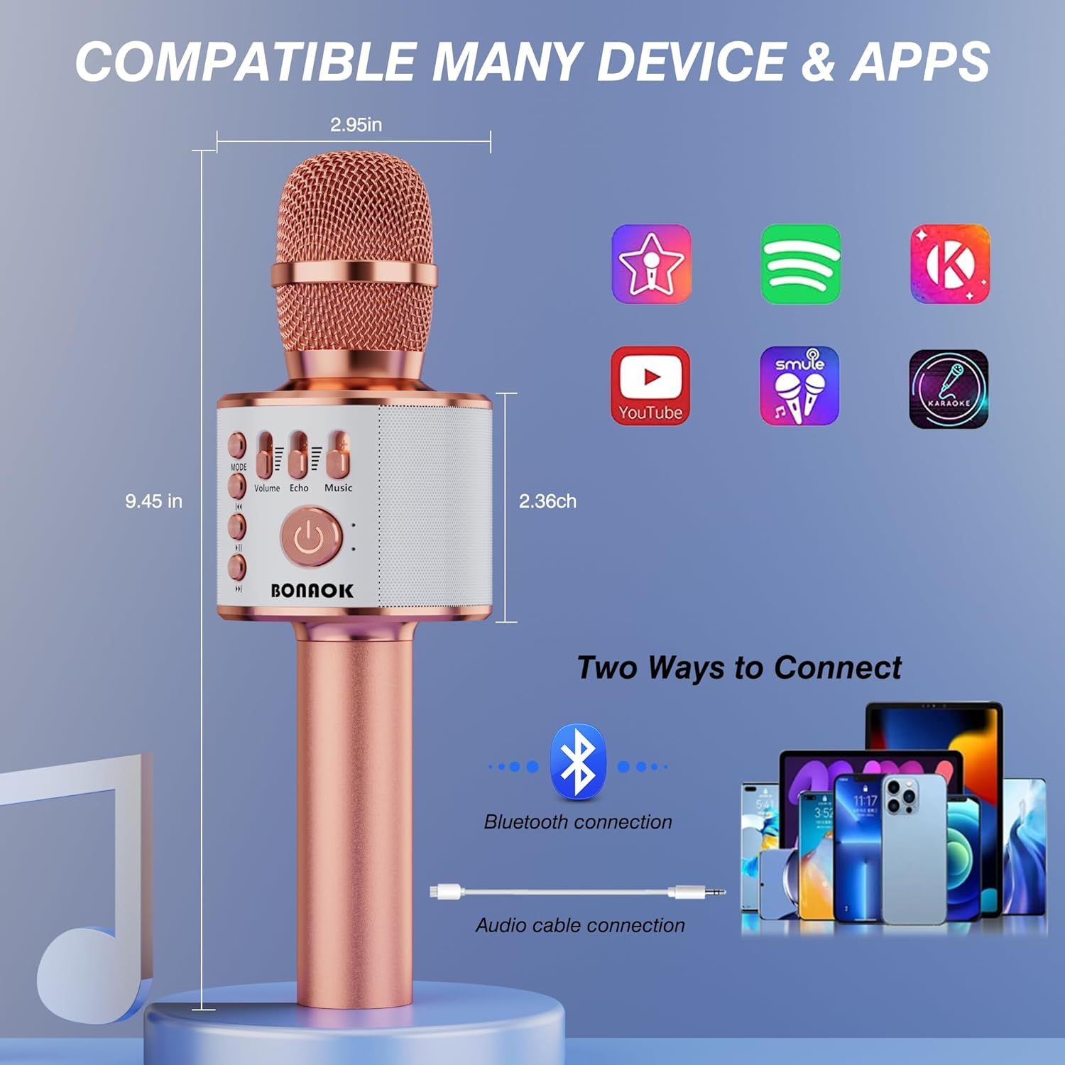 Demonstrates that the karaoke microphone is compatible with multiple popular apps like Spotify, YouTube, and Smule, and can connect to various devices via Bluetooth or audio cable. Shows the exact…