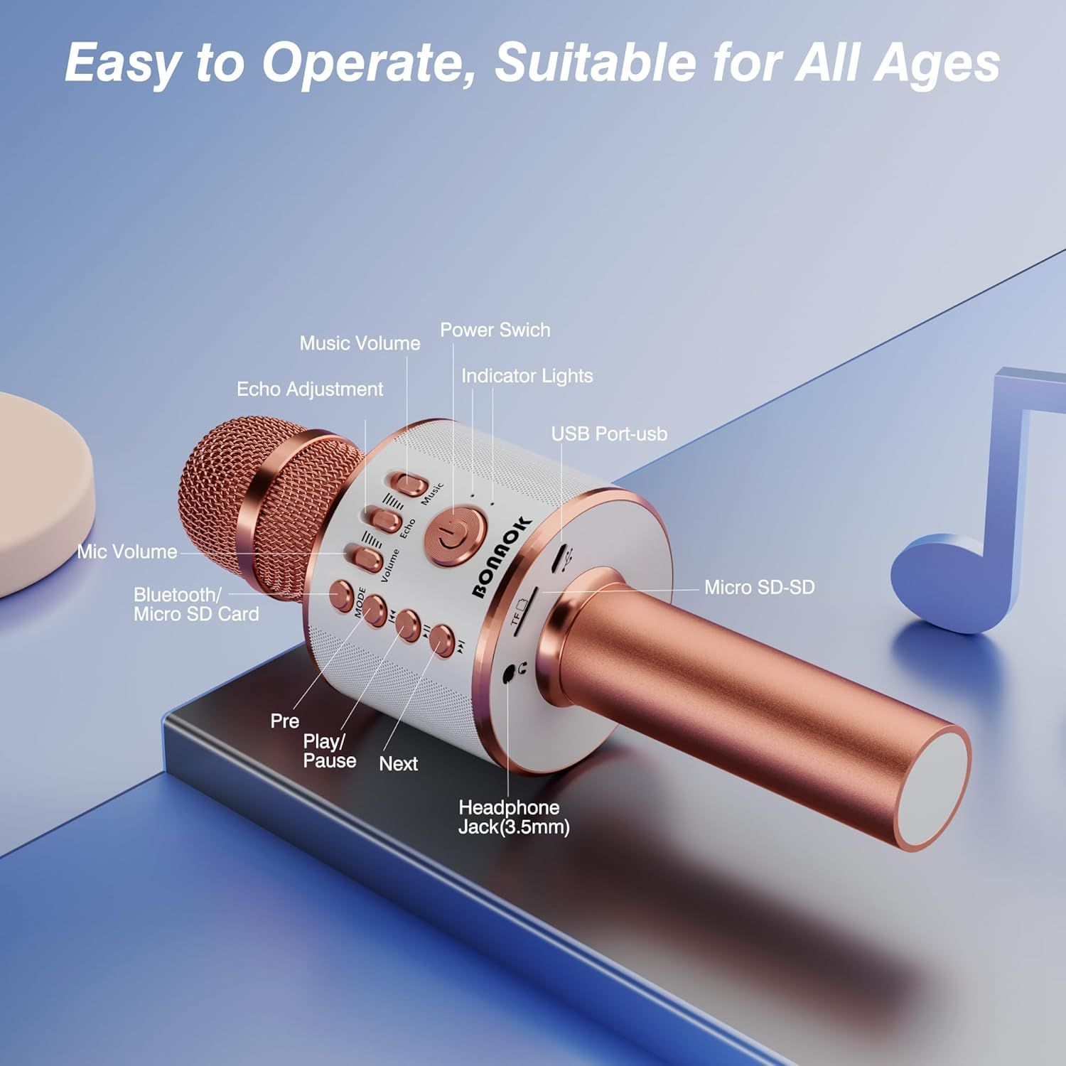 This image breaks down the karaoke microphone by labeling all functional components and controls, helping shoppers understand how to operate each feature and what each button or port does.