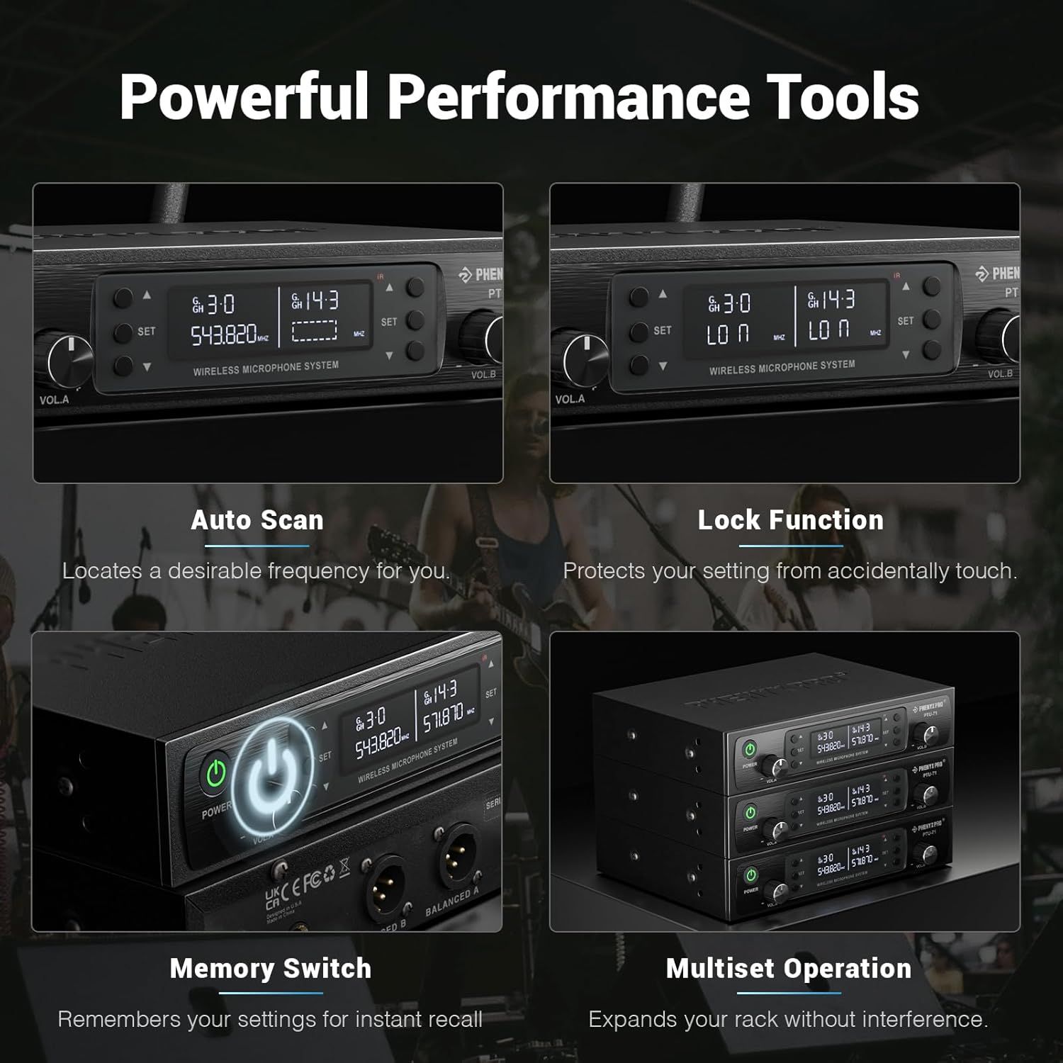 Showcases four distinct performance features of the wireless microphone system to demonstrate its professional capabilities and ease of use.