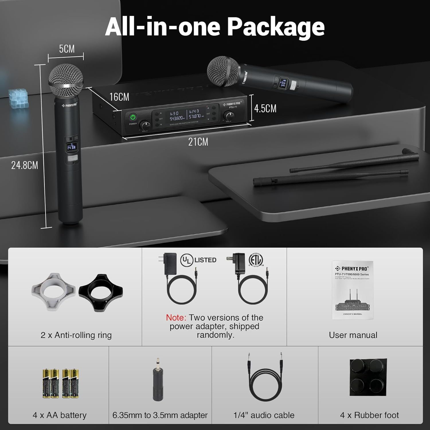 Provides exact measurements of the wireless microphone system components to help shoppers understand the physical size of each item in the package. Shows all items included in the purchase such as…