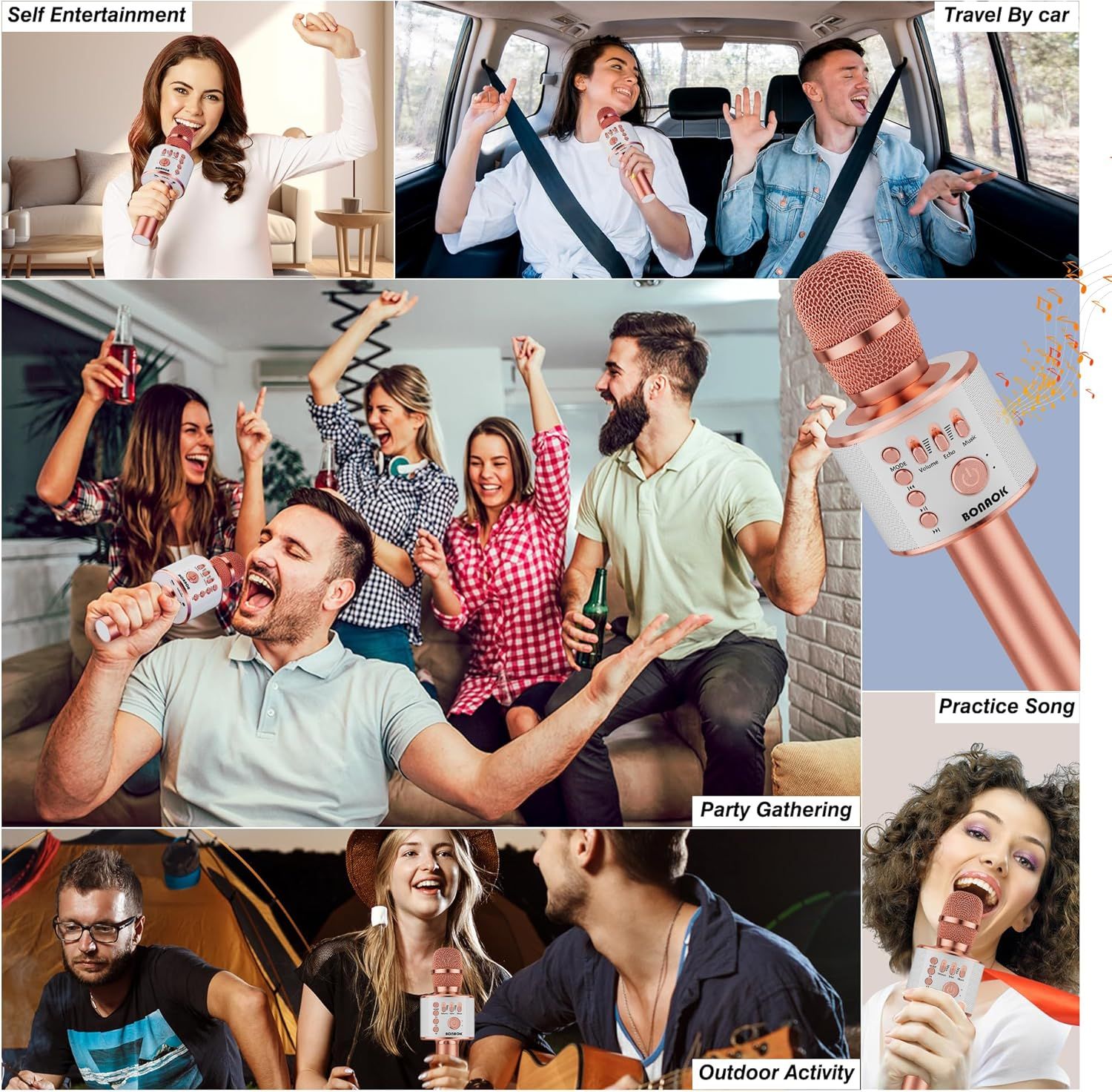 Demonstrates the various environments and scenarios where the karaoke microphone can be used, including self-entertainment at home, travel by car, party gatherings, outdoor activities, and practice…
