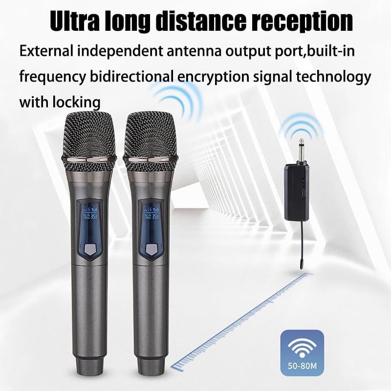 Communicates the wireless microphone system's ultra long distance reception capability (50-80M range) with external antenna technology and encryption signal locking to reassure buyers of reliable…