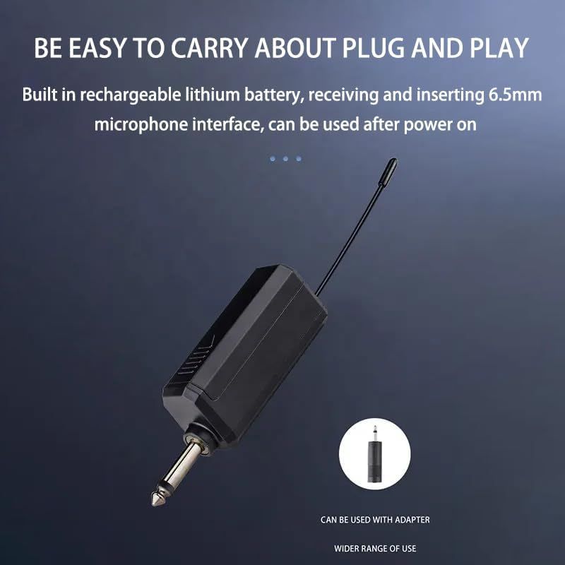 Communicates multiple convenience features including portability, built-in rechargeable battery, microphone compatibility, and adapter use to show the product's versatility and ease of use.