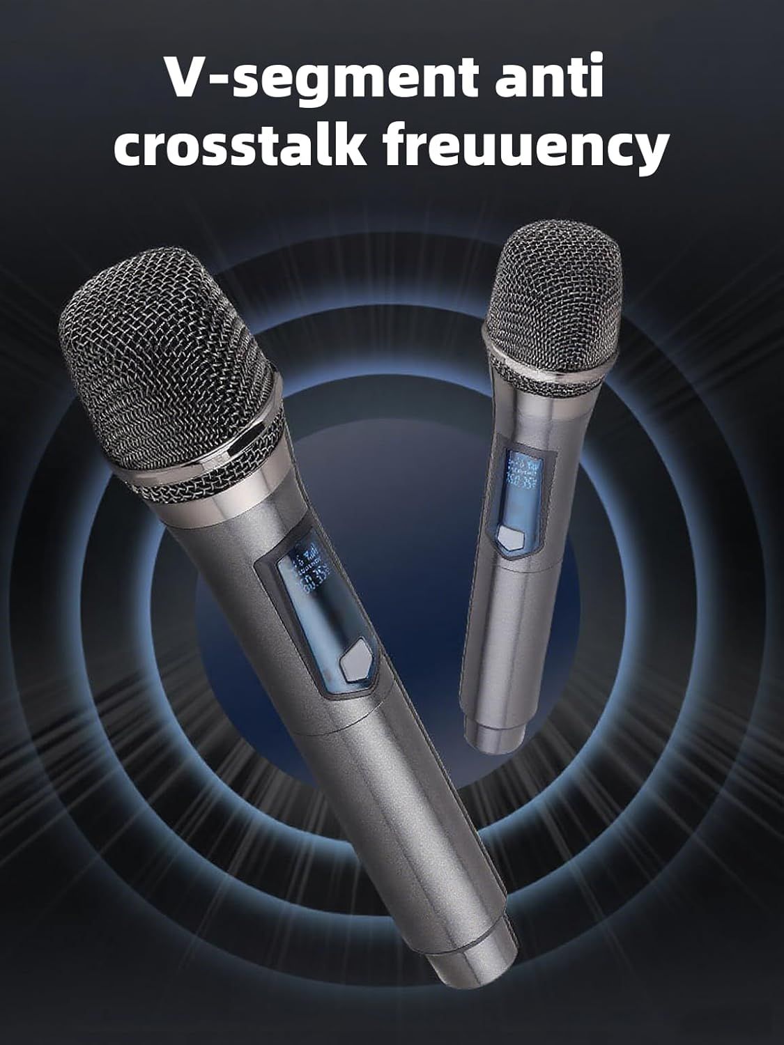 Communicates that the wireless microphones use V-segment anti crosstalk frequency technology to prevent interference between multiple microphones, reassuring buyers of clear audio quality.