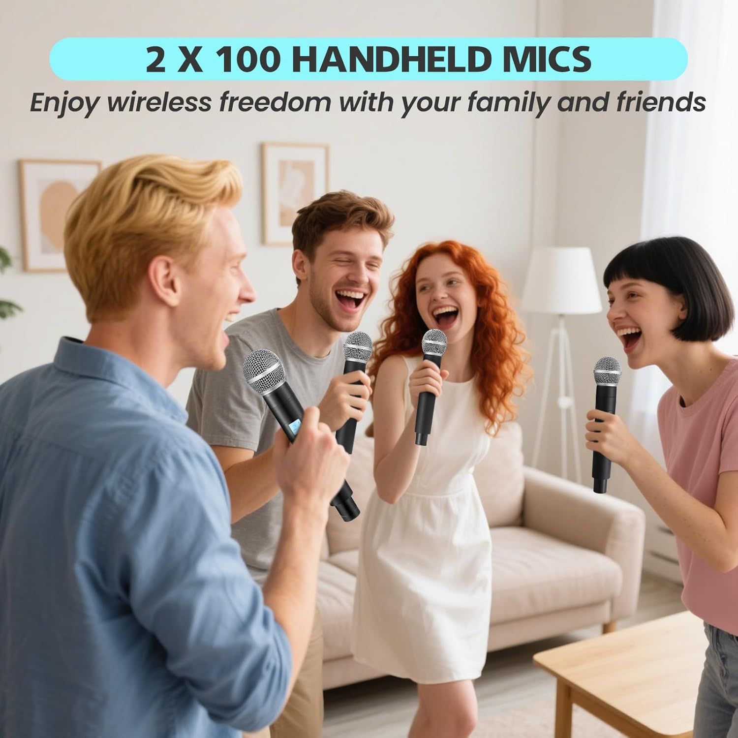 Communicates that the product includes 2 x 100 handheld wireless microphones, emphasizing the quantity and wireless freedom for group entertainment. Demonstrates the use case of the product for…