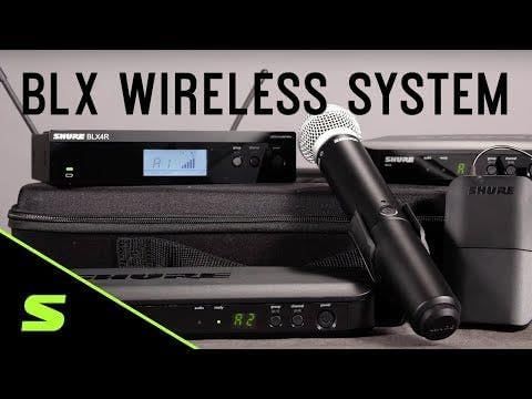 Shows all the components included in the BLX wireless system package, helping shoppers understand what they receive with their purchase.