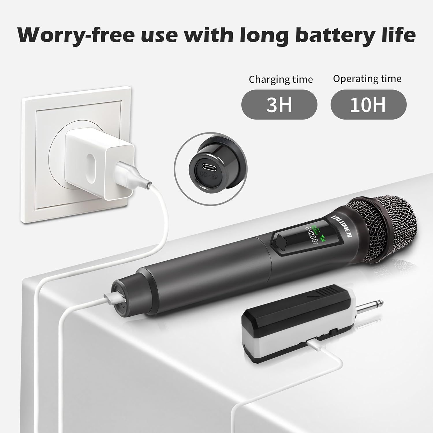 Communicates the convenience of extended battery performance with quick 3-hour charging and 10-hour operating time, reassuring shoppers they can use the wireless microphone worry-free.