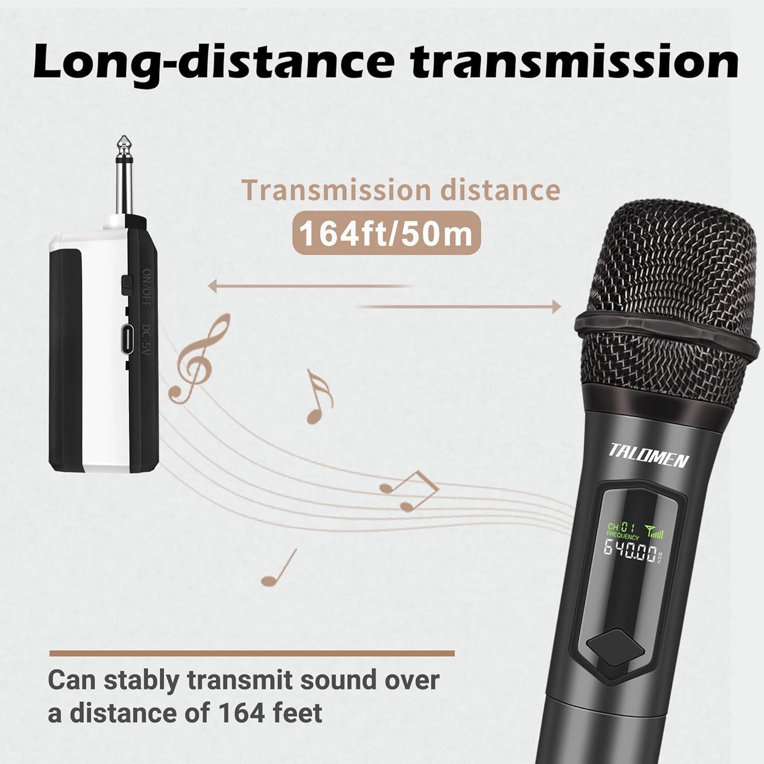 Communicates that the wireless microphone can transmit sound stably over a distance of 164 feet (50 meters), reassuring shoppers about its range and reliability.