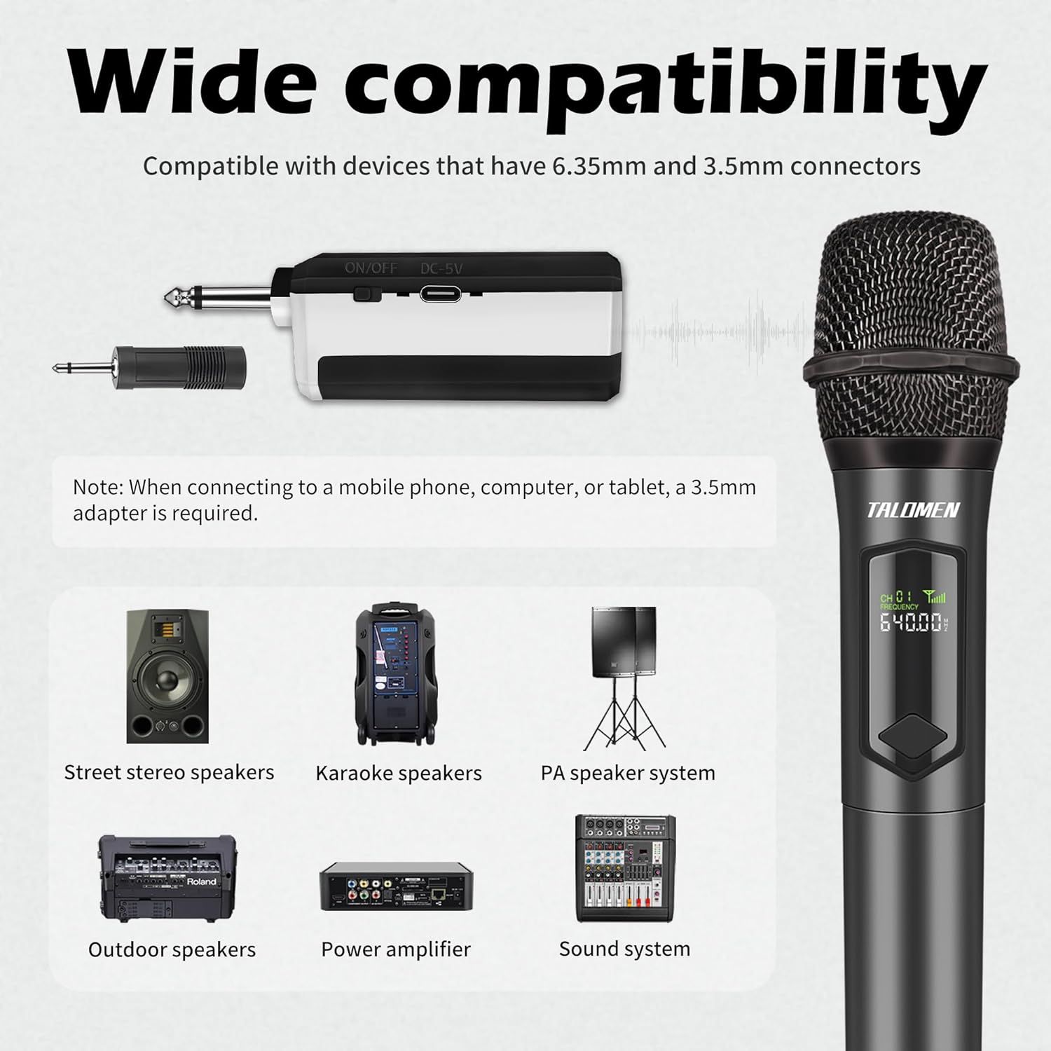 Demonstrates that the wireless microphone is compatible with multiple audio devices including speakers, amplifiers, and sound systems, reassuring shoppers of its versatility across different…