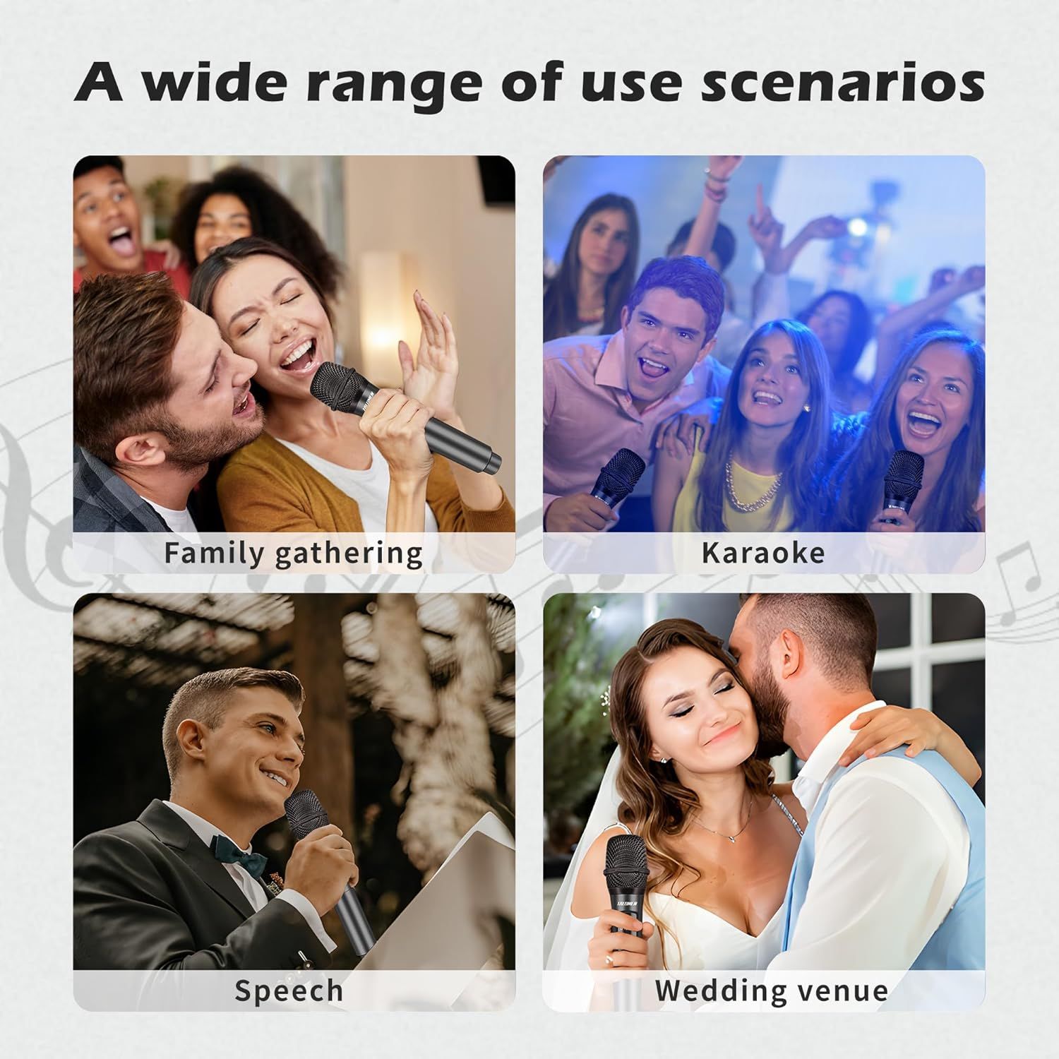 Demonstrates the product's versatility by showing it can be used in multiple scenarios including family gatherings, karaoke parties, speeches, and wedding venues.