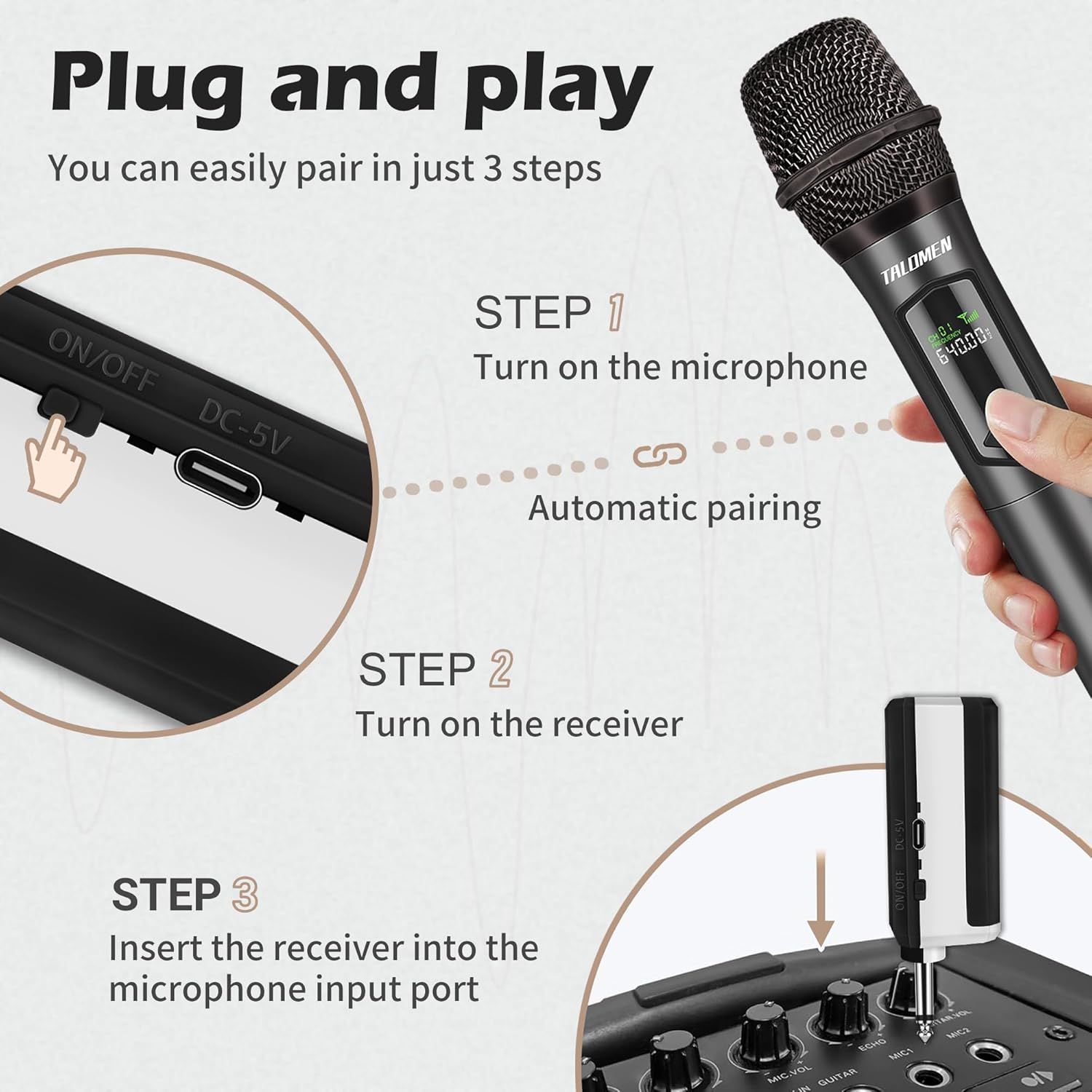 This image explains how to set up and pair the wireless microphone system in three simple steps, reducing friction during onboarding and showing customers the product is easy to use.
