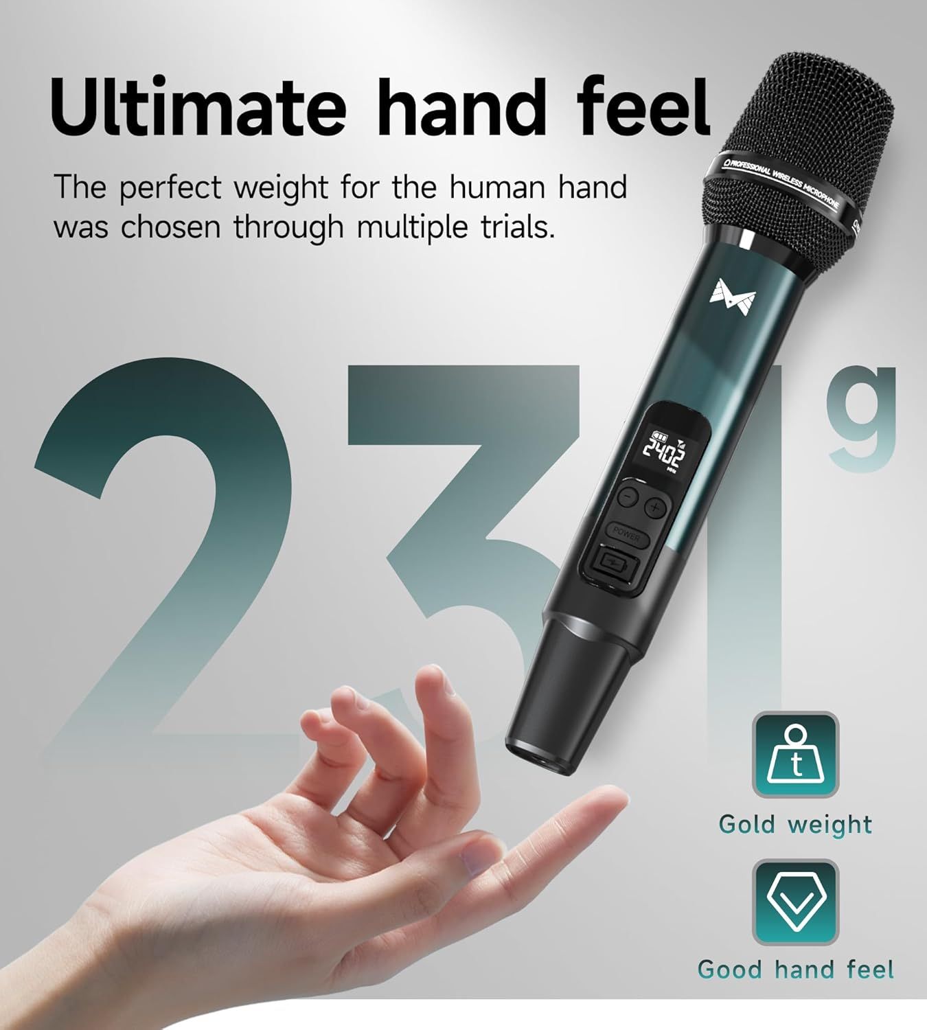 Communicates that the microphone has been engineered to weigh exactly 237g for optimal comfort and ergonomics during extended use.