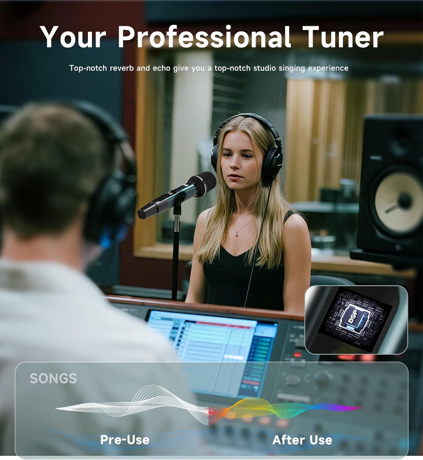 Demonstrates the product's use case in a professional studio environment, showing it enables a top-notch singing experience with reverb and echo features. Shows the transformation in audio quality…