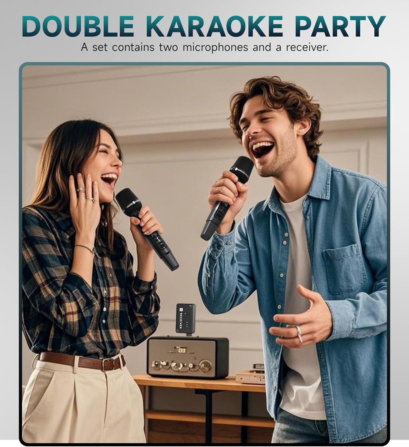 Communicates that the karaoke set includes two wireless microphones and a receiver, emphasizing the dual-user capability for parties and group entertainment.