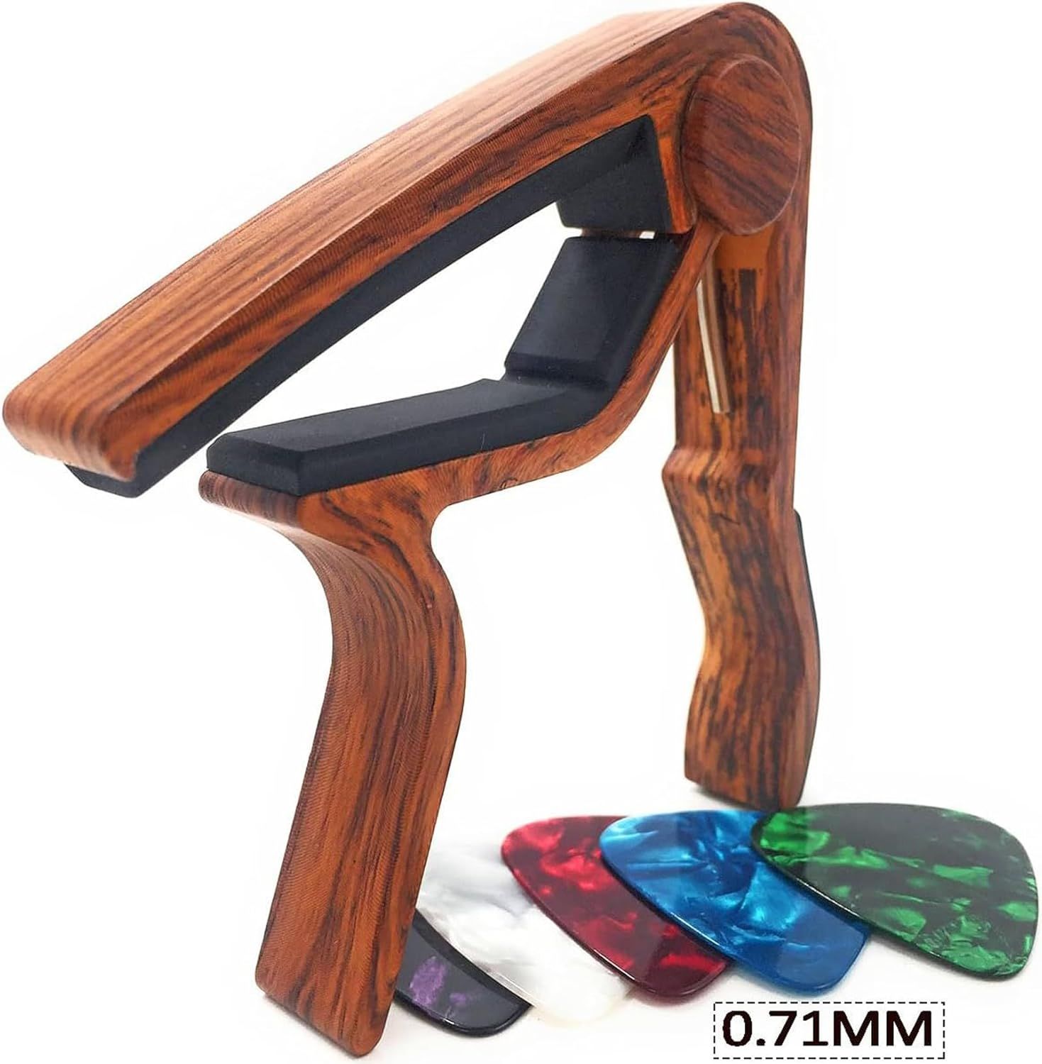 Shows the customer everything they receive with their purchase, including the wooden guitar capo and multiple colorful guitar picks, helping them understand the complete value of the bundle.