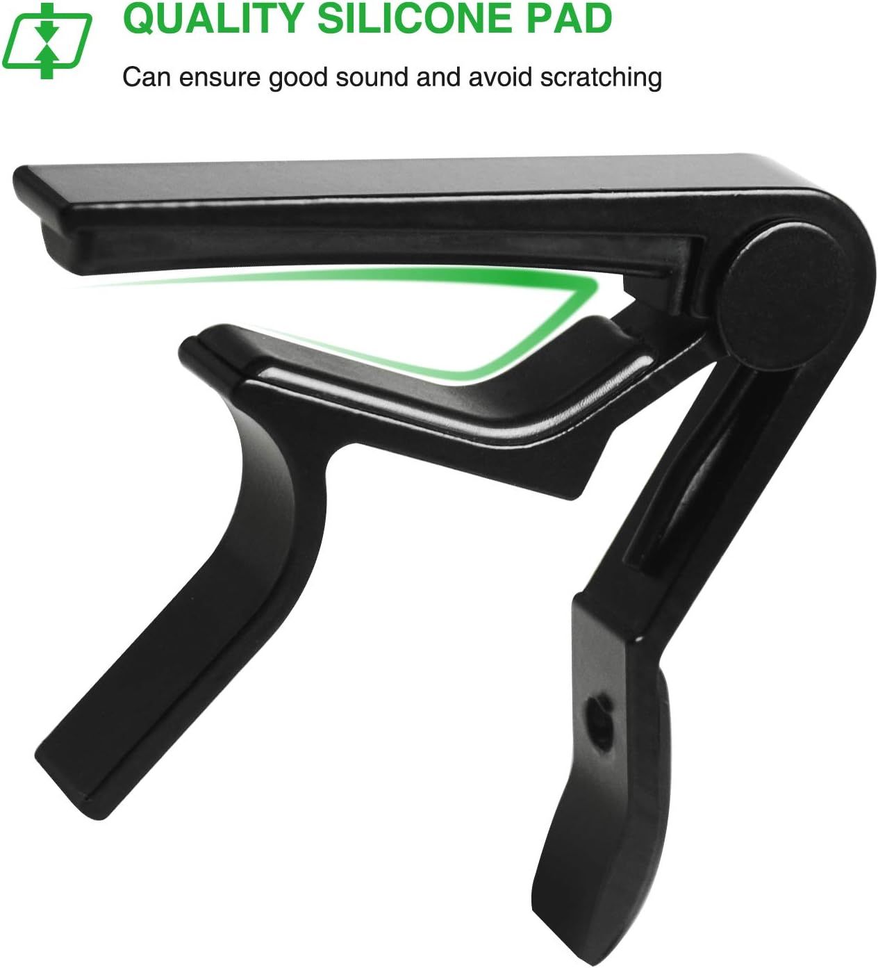 Highlights the silicone pad feature that ensures good sound quality and prevents scratching, reassuring shoppers about the product's protective and acoustic benefits.