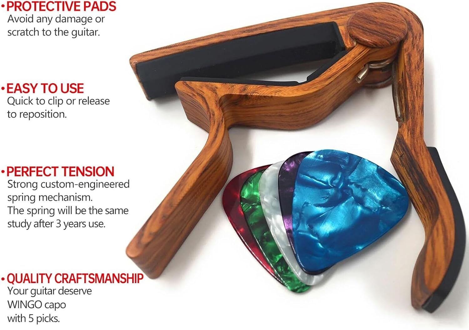 Showcases multiple key features of the guitar capo including protective padding, ease of use, spring tension durability, and quality craftsmanship to demonstrate the product's comprehensive value…
