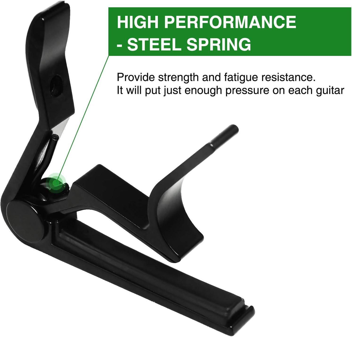 Highlights the steel spring component to communicate strength, fatigue resistance, and optimal pressure application for guitar use.