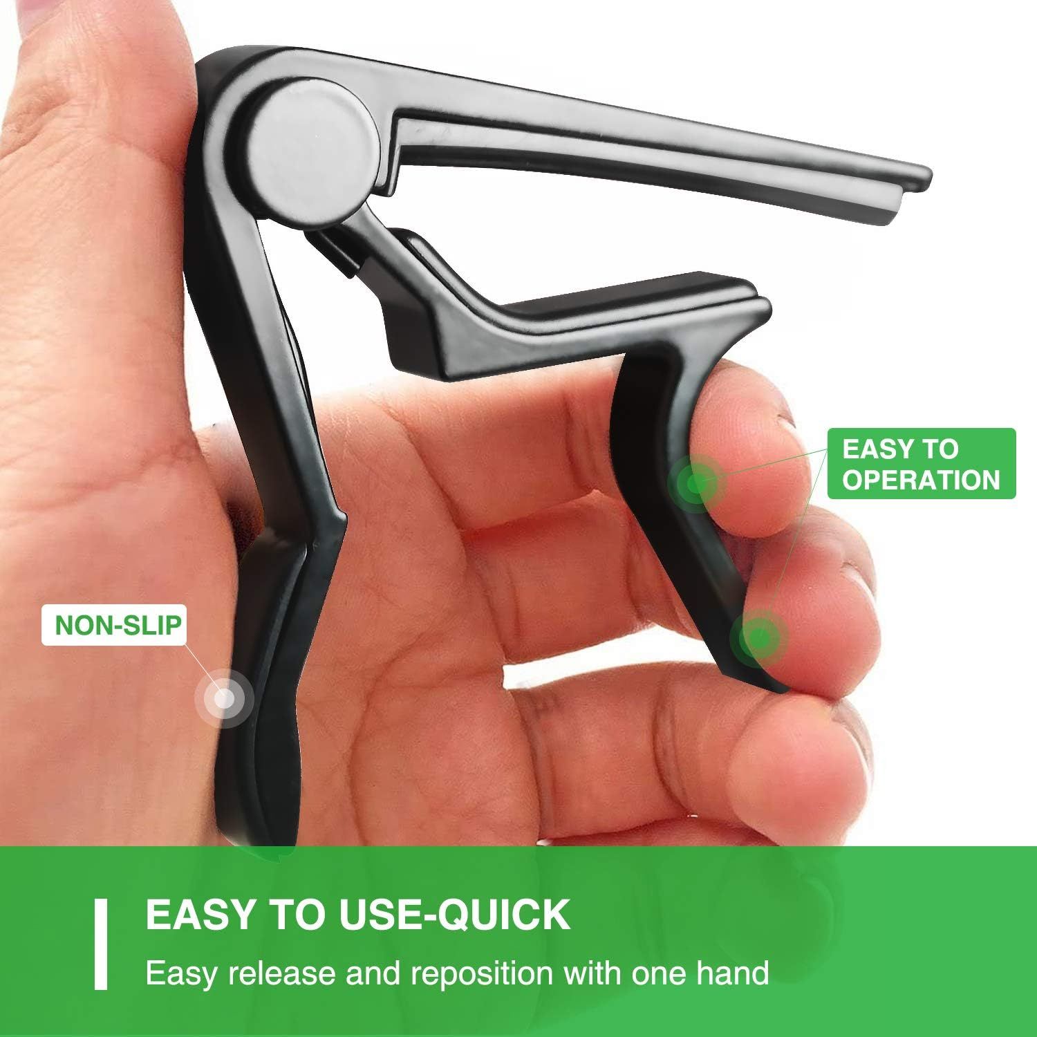 Showcases multiple benefits of the guitar capo including ease of operation, non-slip grip, and quick one-handed release and repositioning to reassure shoppers of its user-friendly design.