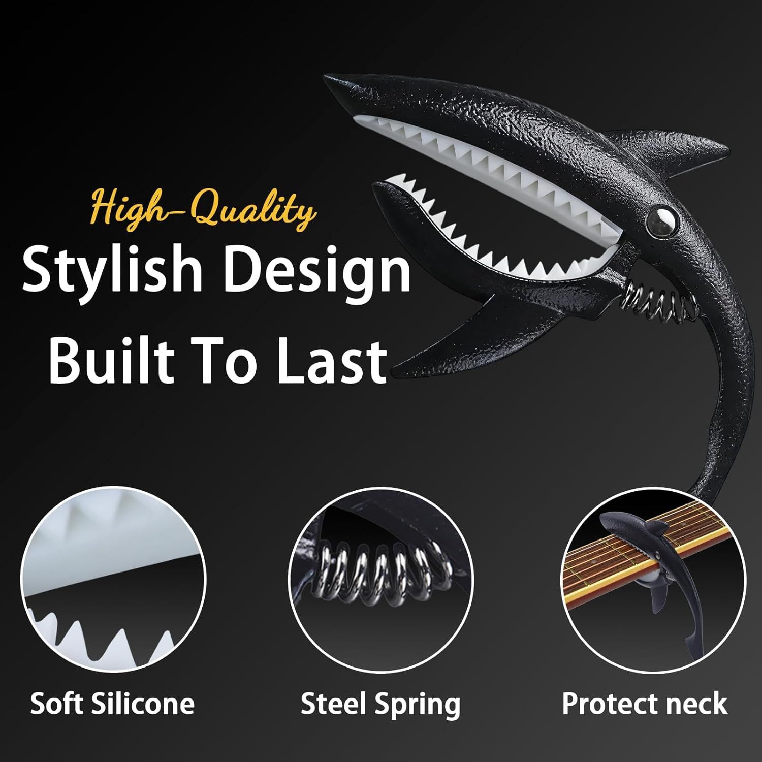 Communicates multiple selling points of the guitar capo including its stylish shark design, durable construction, soft silicone padding, steel spring mechanism, and neck protection to reassure…