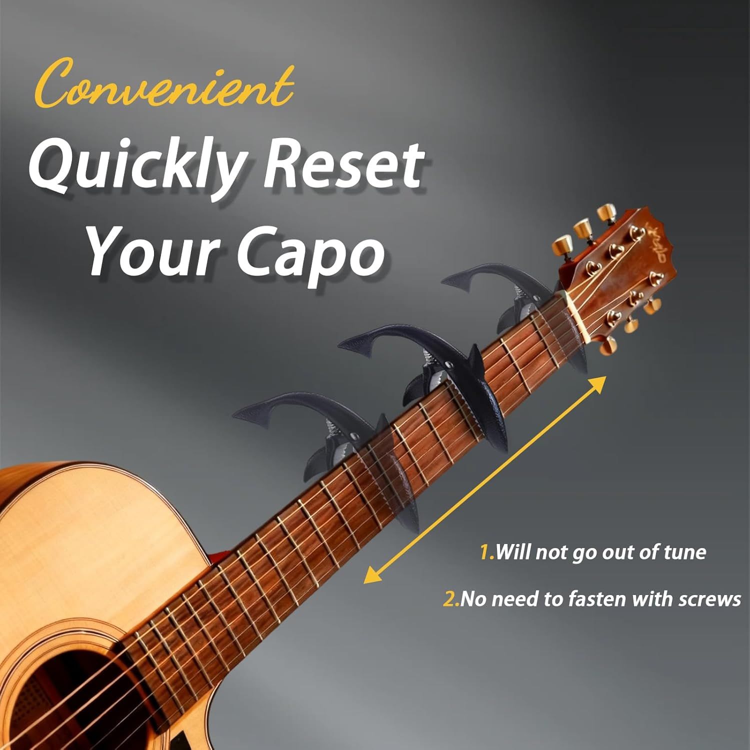 Communicates the convenience of the capo by highlighting two key benefits: it maintains tuning stability and requires no screws for fastening, making it easy and fast to use.