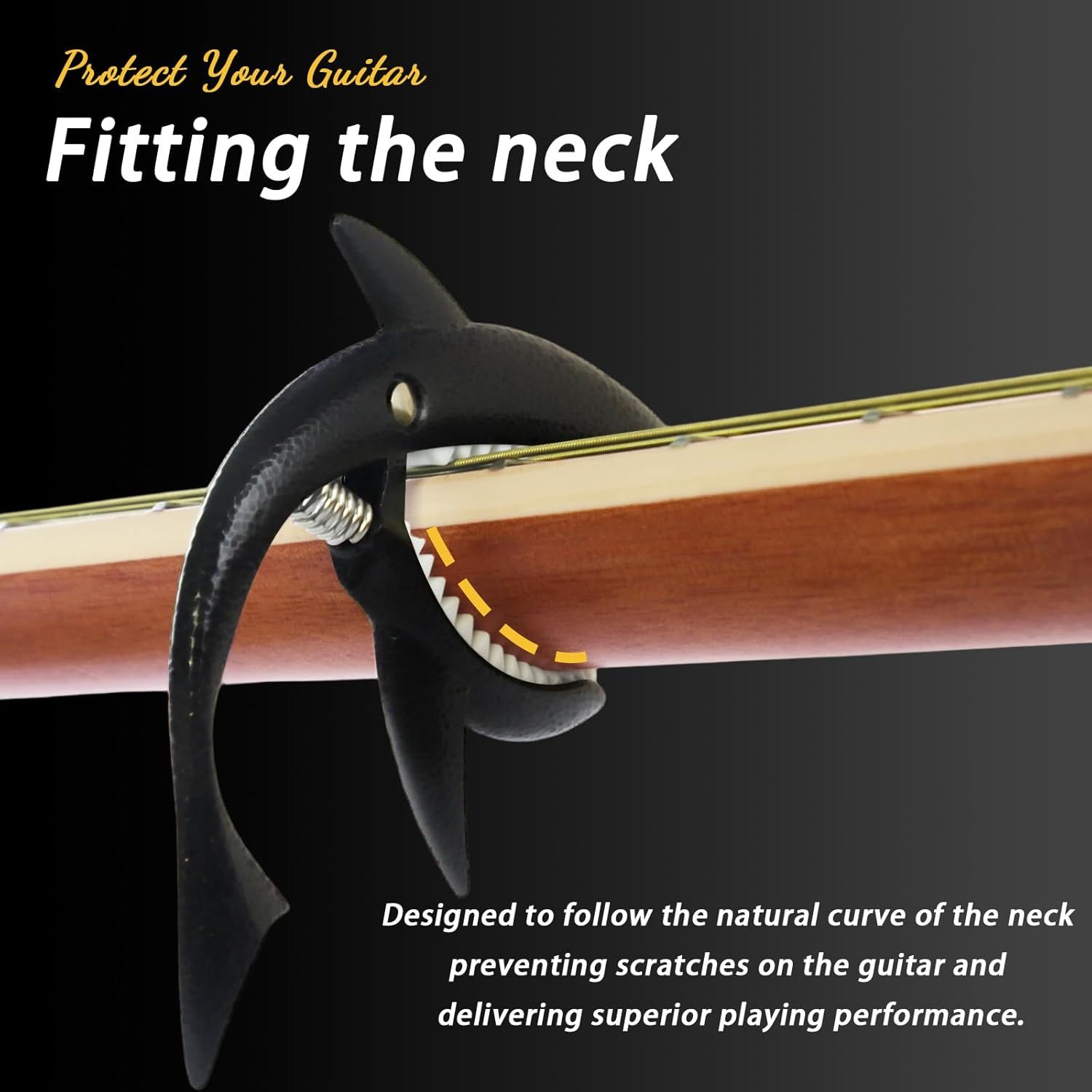 Demonstrates how the shark-shaped capo is designed to follow the natural curve of the guitar neck, preventing scratches and enhancing playing performance.