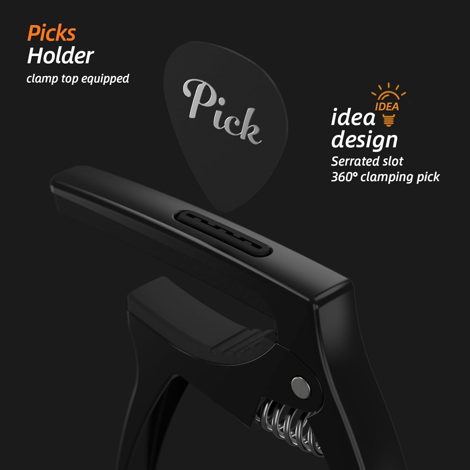 Highlights the innovative design feature of the picks holder with a serrated slot that allows 360-degree clamping of guitar picks, demonstrating the product's unique functionality.
