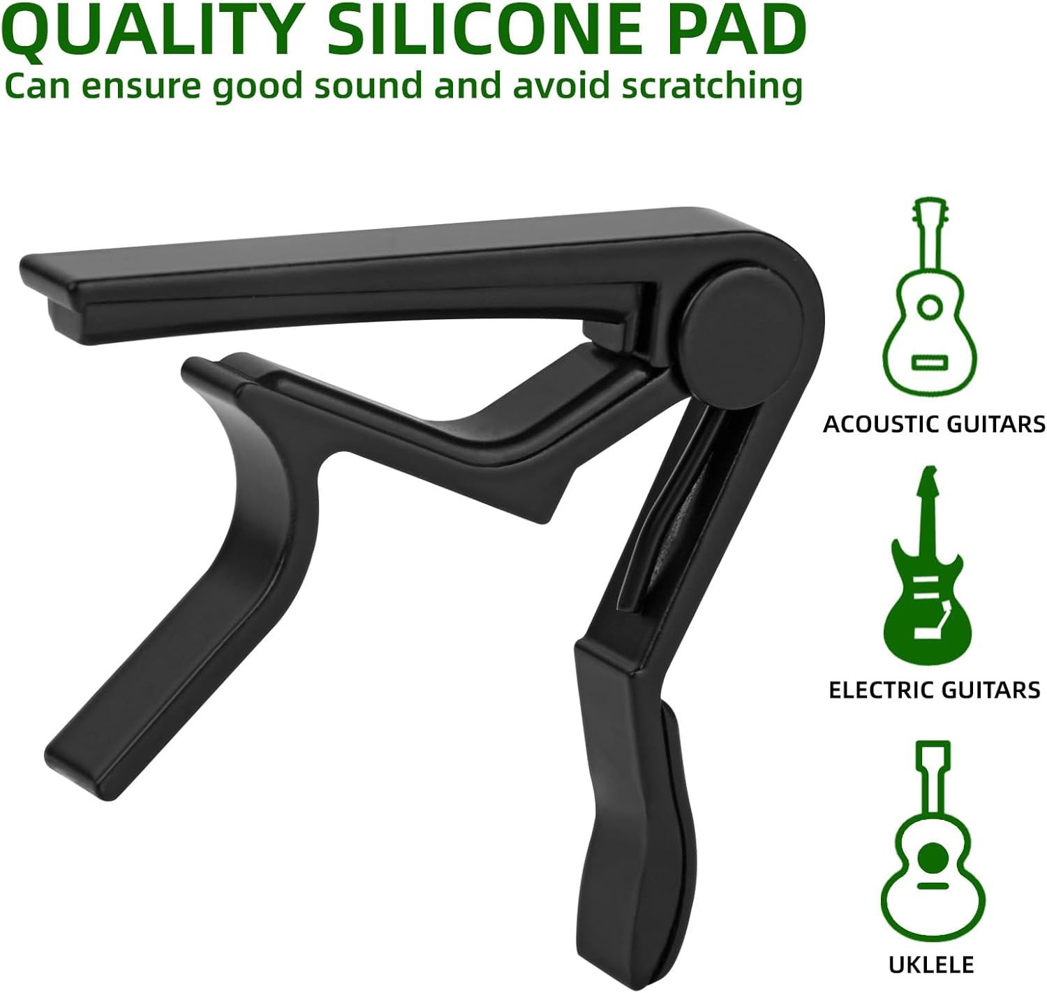Communicates that the guitar capo features a quality silicone pad that ensures good sound and prevents scratching, while also showing compatibility with acoustic guitars, electric guitars, and…