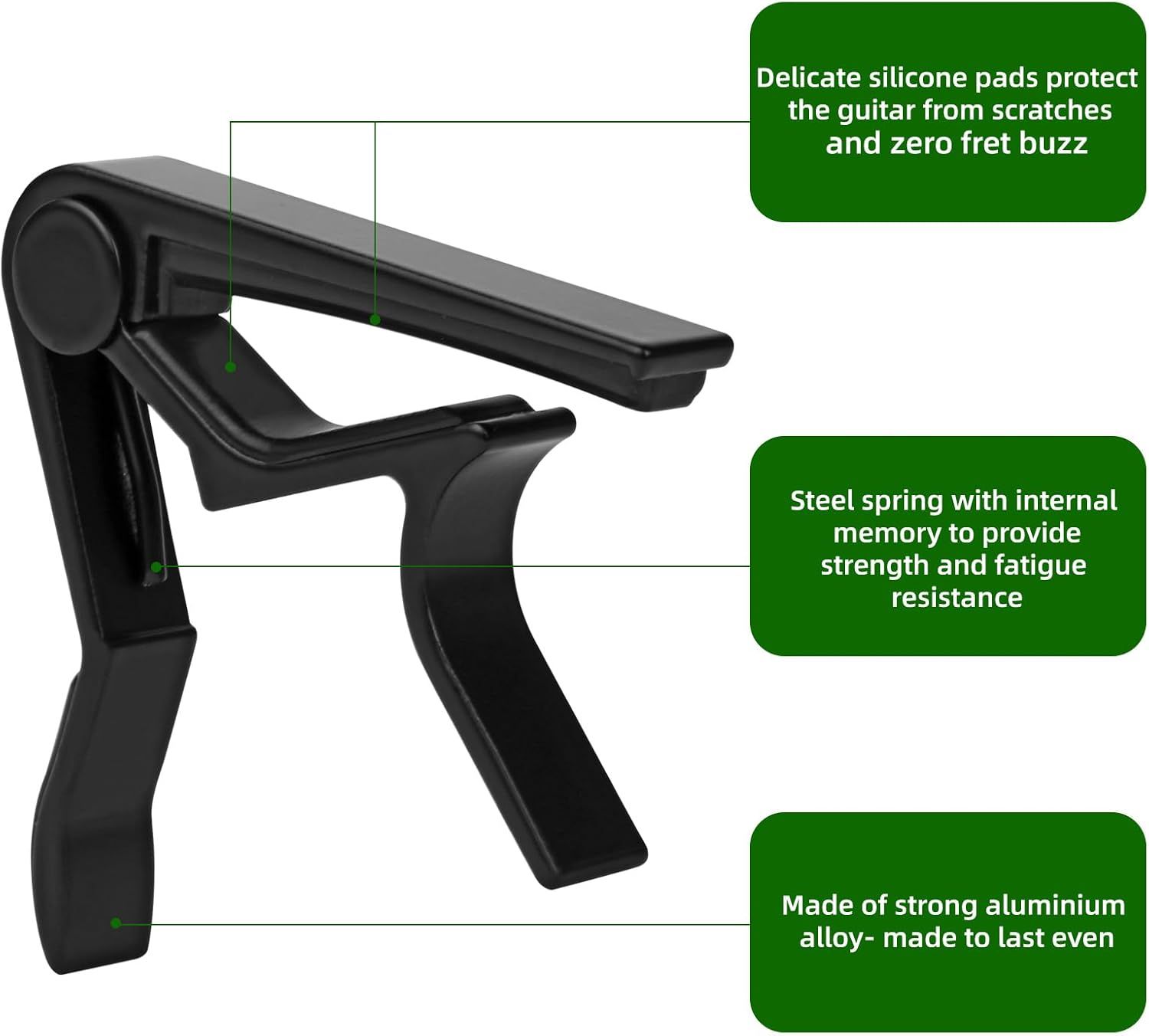 This image breaks down the guitar capo by highlighting specific structural and functional components with callouts, helping shoppers understand the quality materials and protective features built…