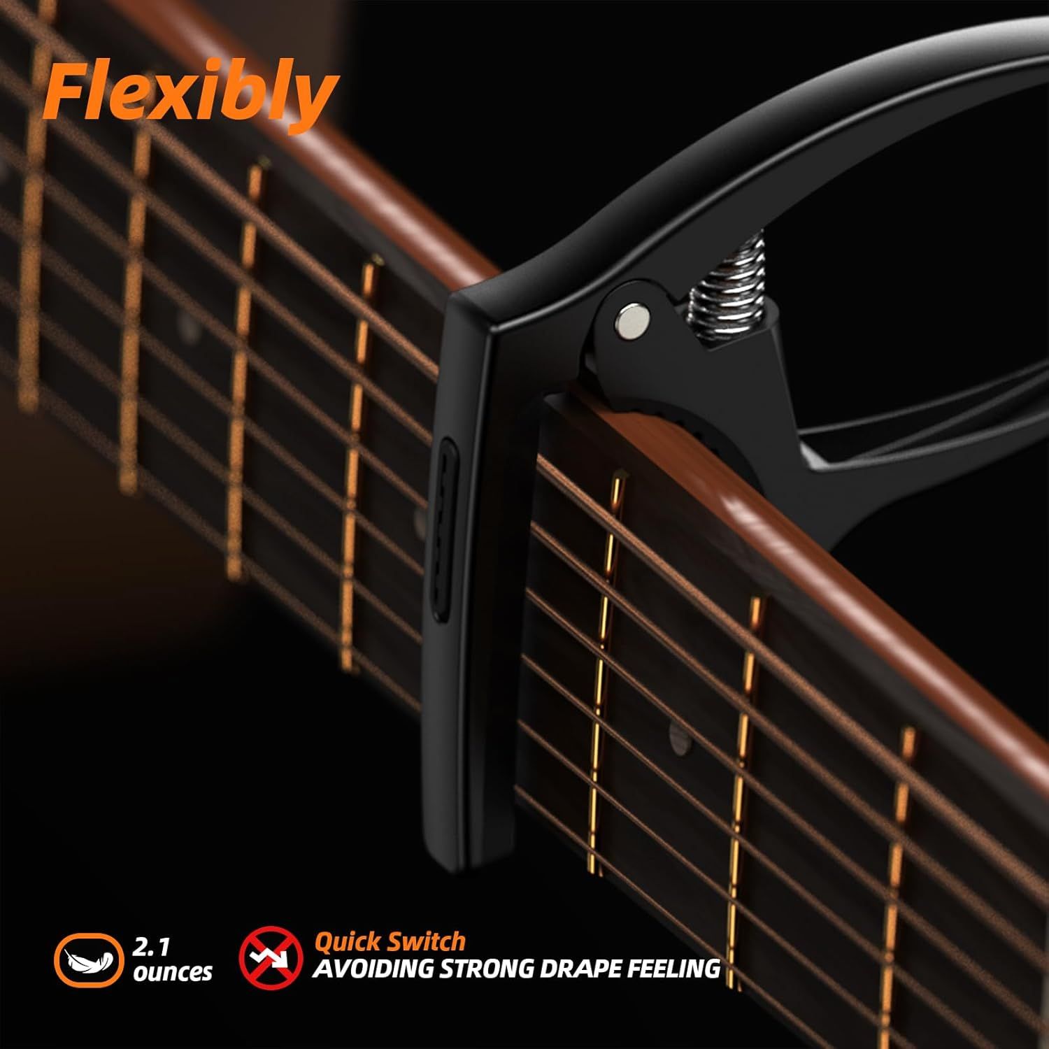Showcases multiple benefits of the guitar capo including its flexible spring-loaded design, ultra-light weight, and quick-switch functionality to avoid strong drape feeling on the fretboard.