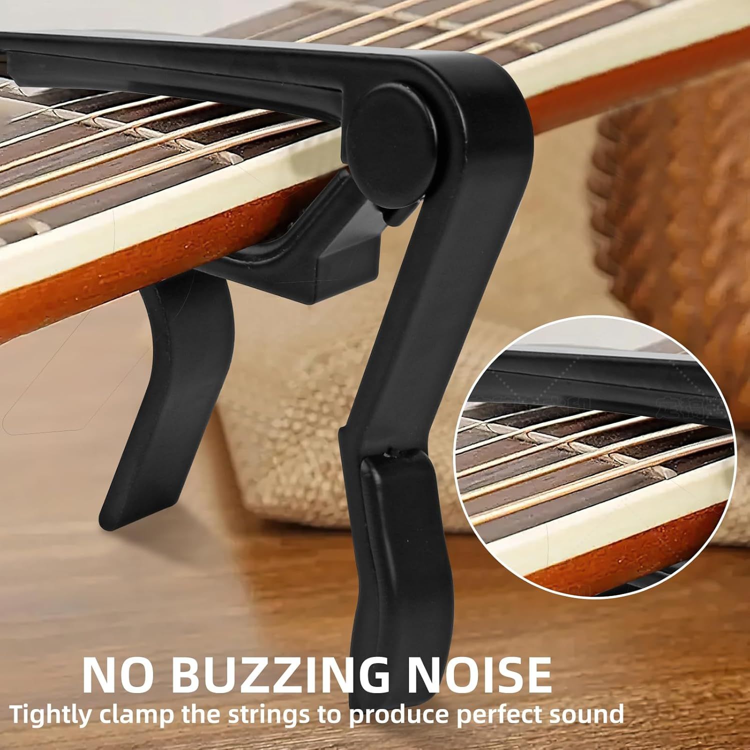 Communicates that the capo tightly clamps guitar strings to eliminate buzzing noise and produce perfect sound quality.