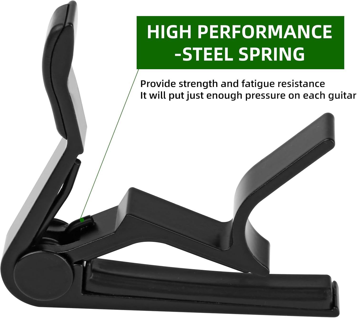Highlights the steel spring material that provides strength and fatigue resistance, reassuring shoppers that the capo applies optimal pressure without damaging the guitar.