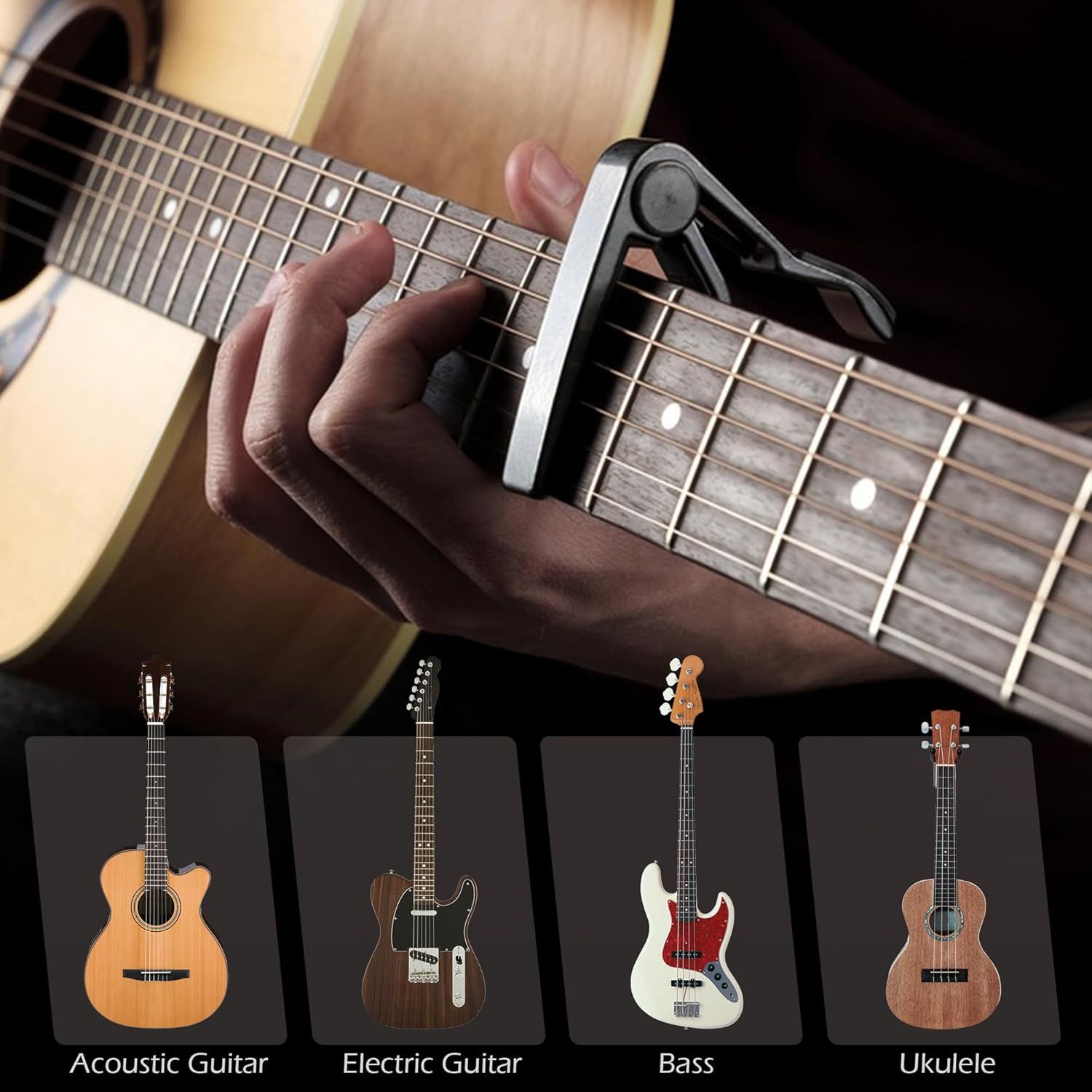 Demonstrates that the guitar capo is compatible with various string instruments including acoustic guitar, electric guitar, bass, and ukulele, helping shoppers understand the product's versatility…