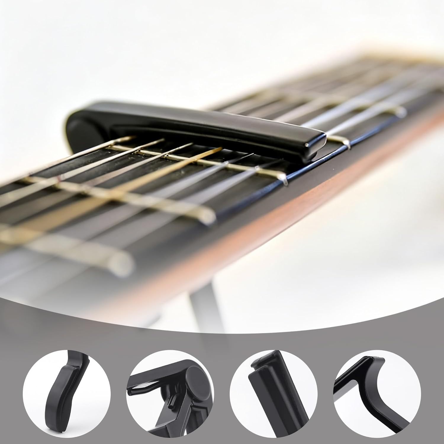 This image breaks down the guitar capo by showing the main product in context on guitar strings, with detailed circular callouts highlighting specific structural parts and angles of the capo…