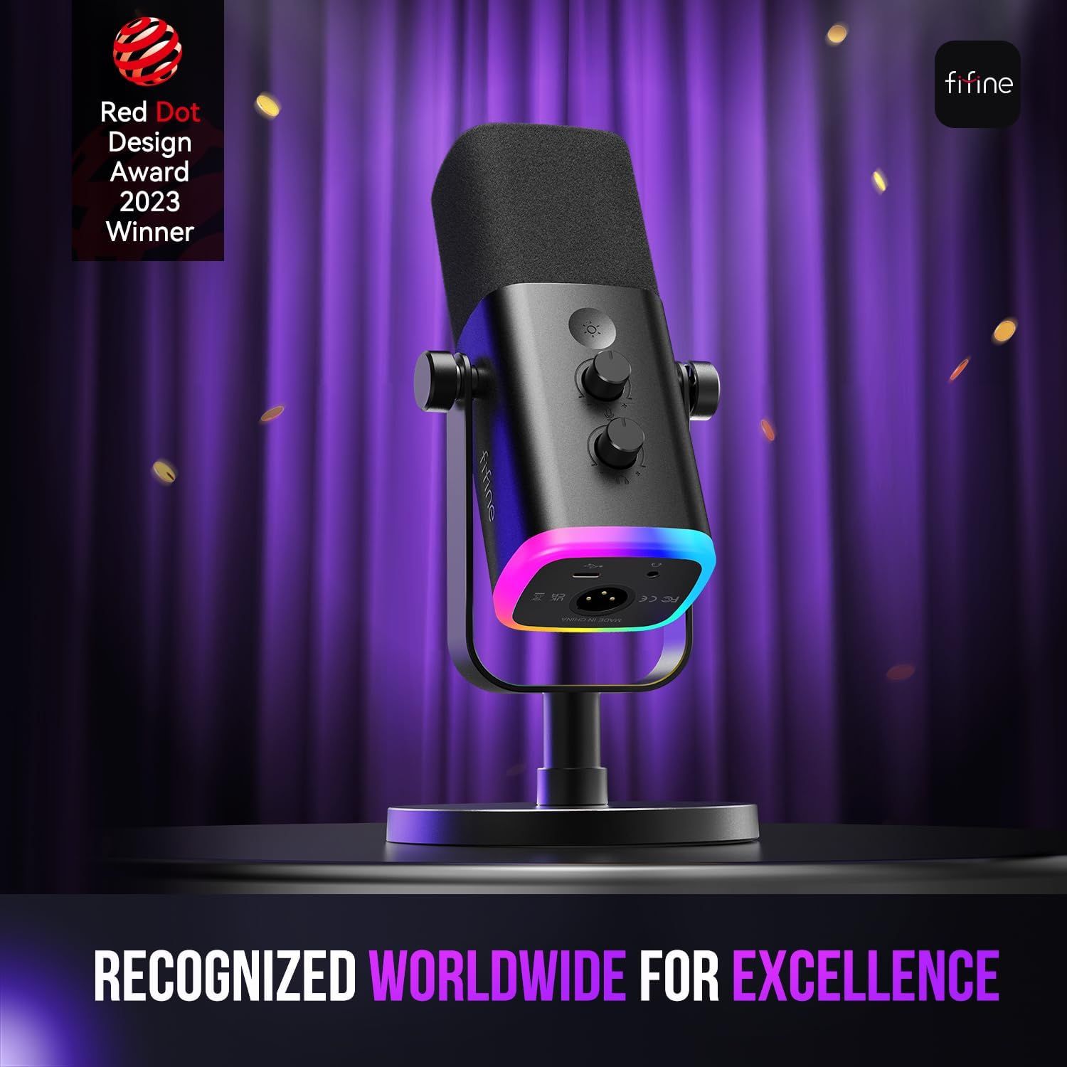 Communicates that the product has been recognized with a prestigious Red Dot Design Award, building credibility and trust through third-party validation of excellence.