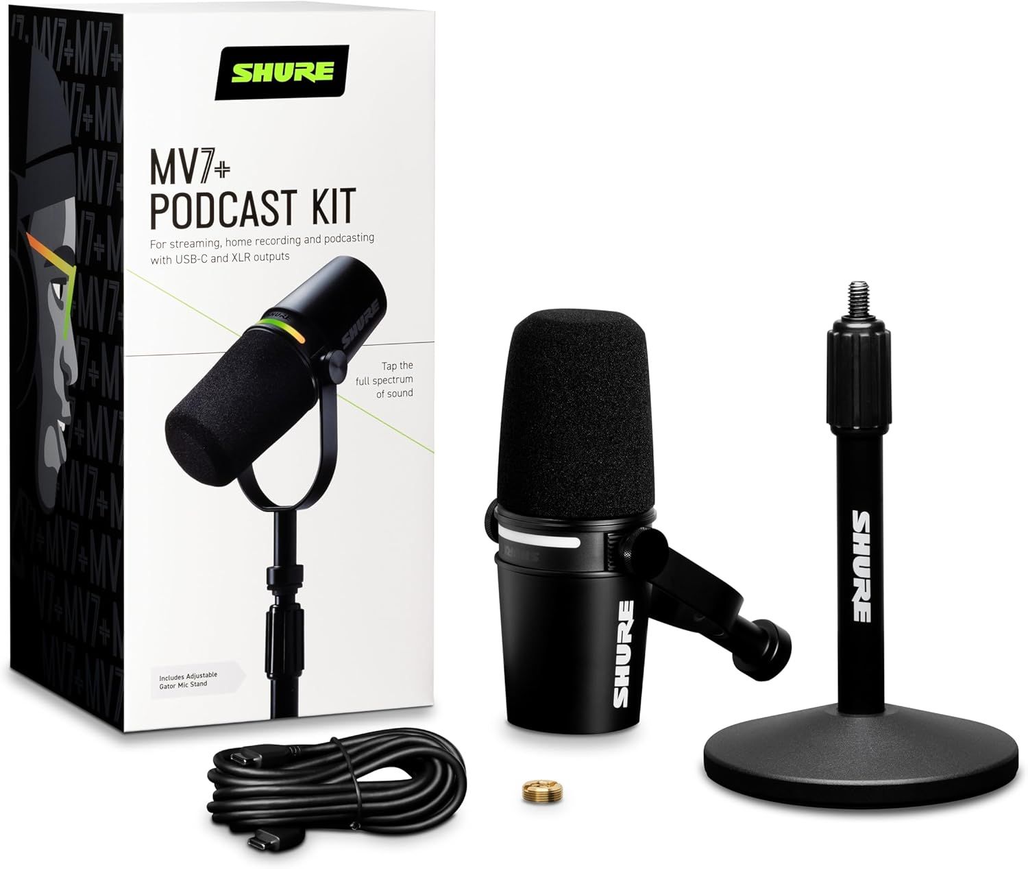 Shows everything included in the MV7+ Podcast Kit purchase, including the microphone, stand, cable, and accessories to help shoppers understand the full value of the bundle.