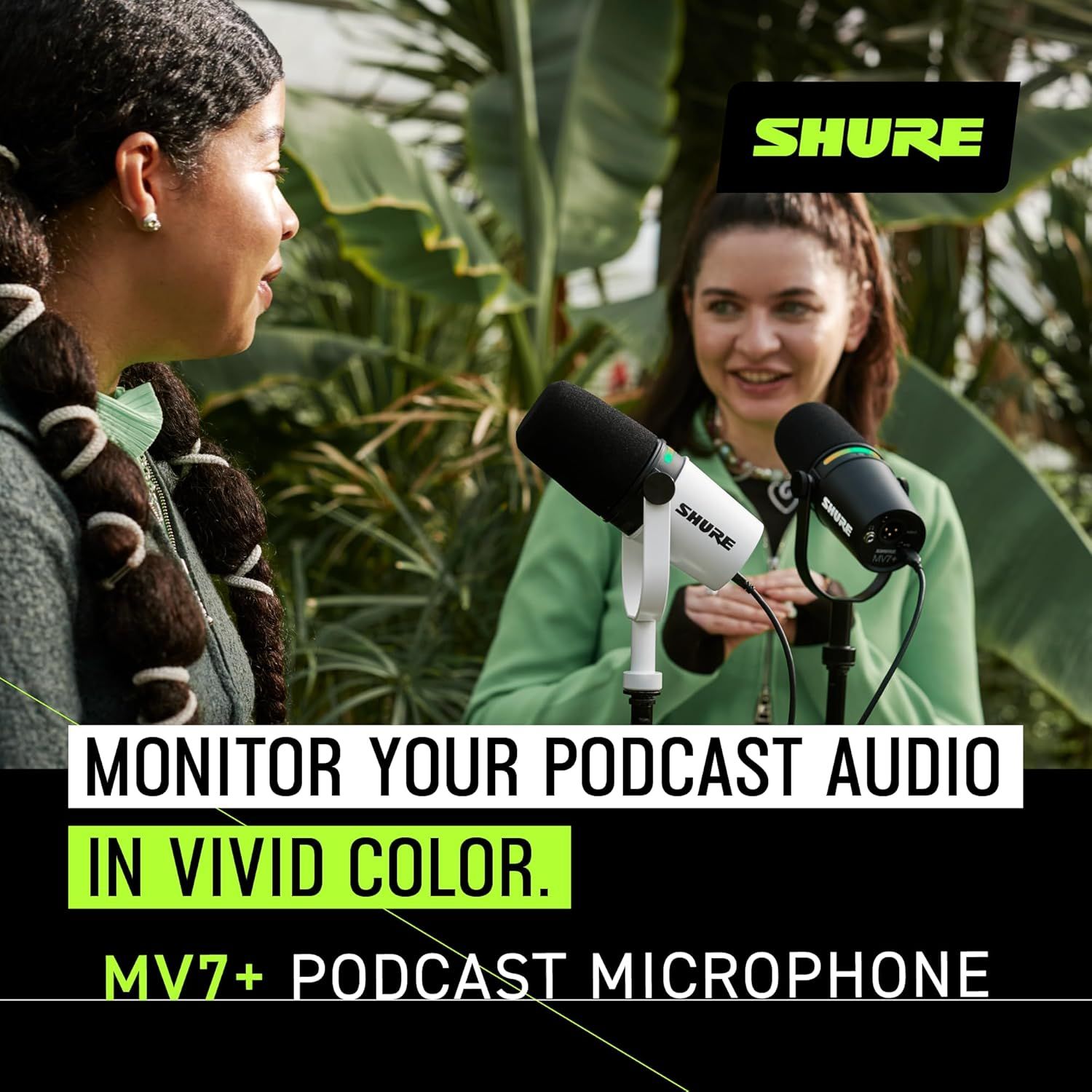 Communicates that the MV7+ podcast microphone allows users to monitor their audio with vivid color visual feedback, emphasizing enhanced audio control and user experience.