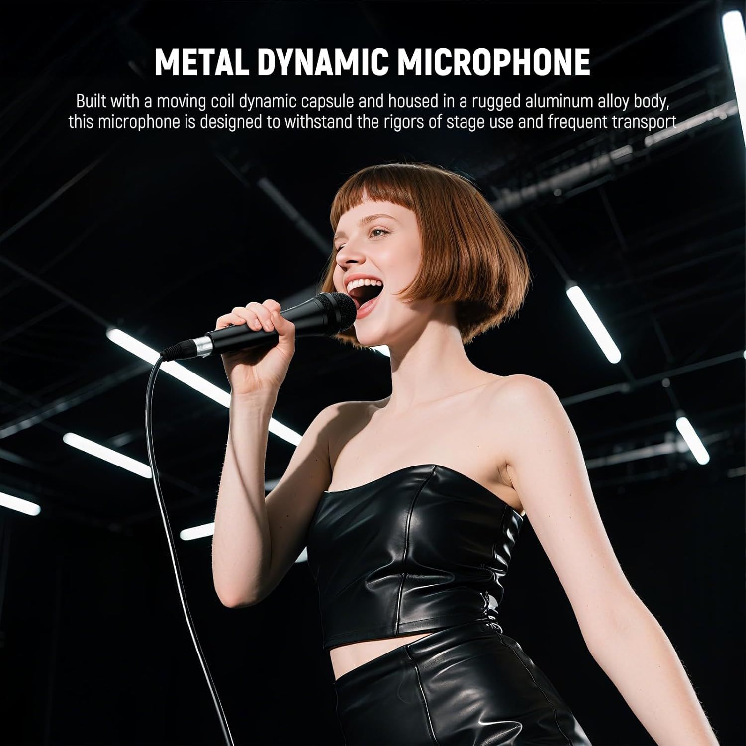 Communicates that the microphone is built with durable materials designed to withstand stage use and frequent transport, reassuring professional users of its reliability.