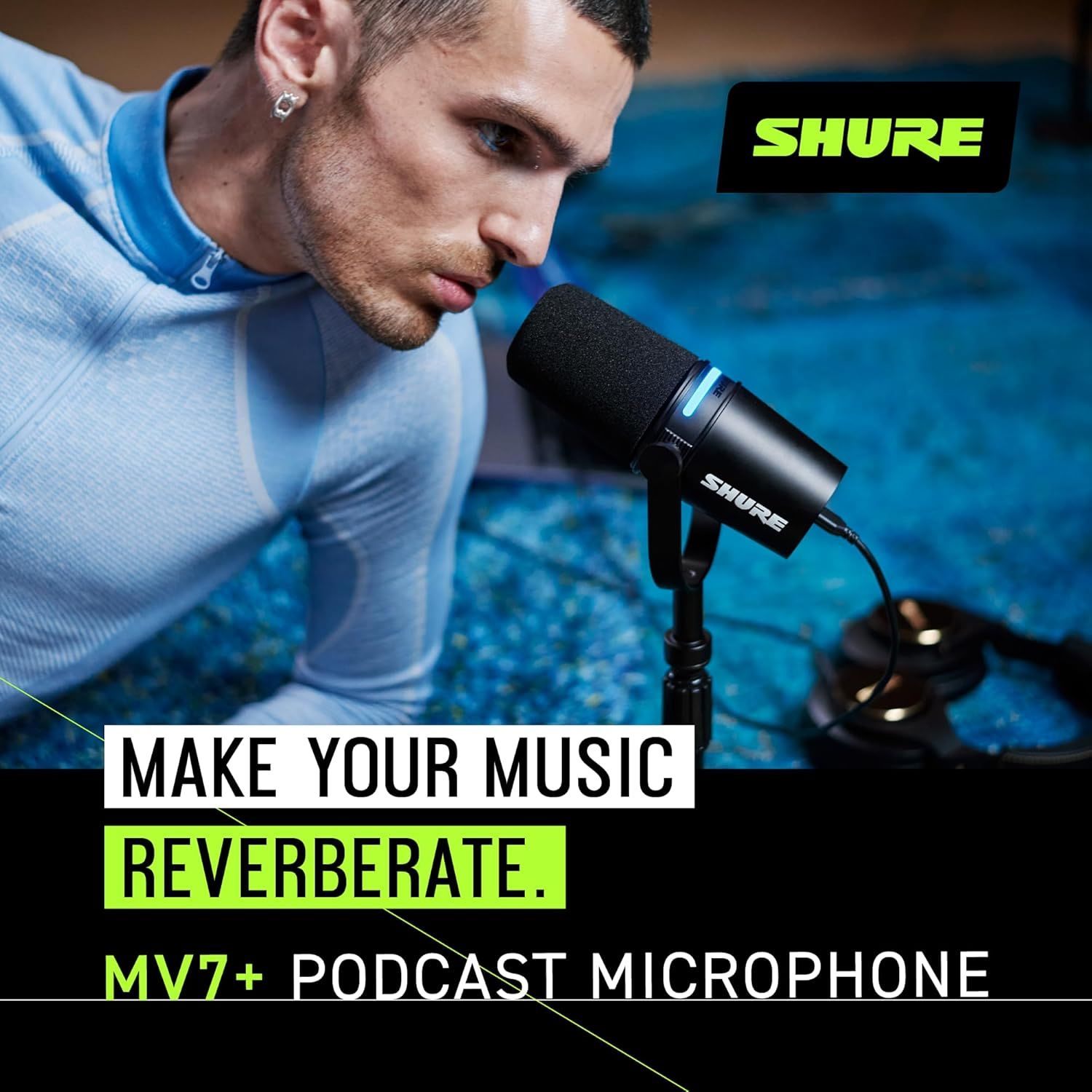 Reinforces the Shure brand identity and emotional positioning with the tagline Make Your Music Reverberate, connecting the product to creative expression and professional audio quality.