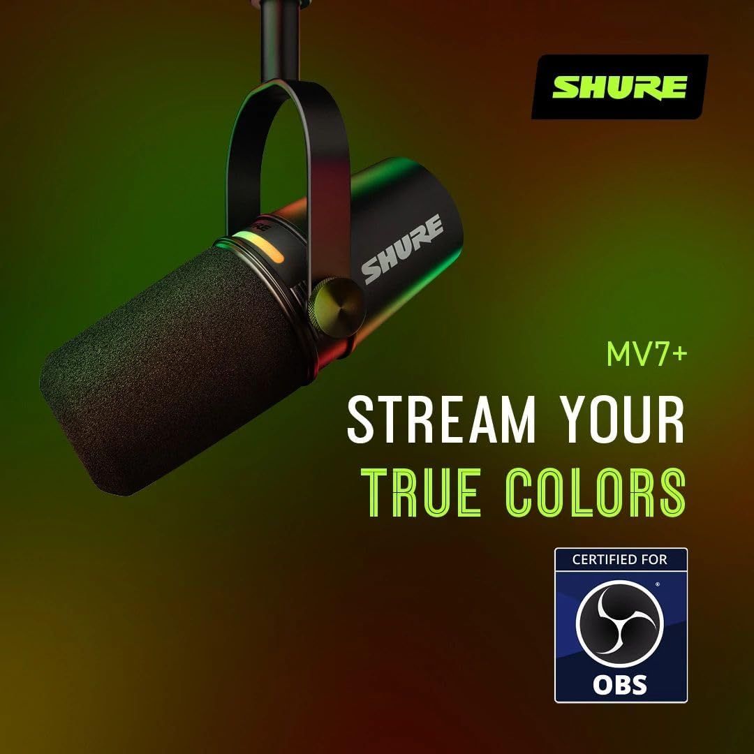 Communicates that the Shure MV7+ microphone delivers authentic, high-quality audio for streaming and is certified for OBS software.